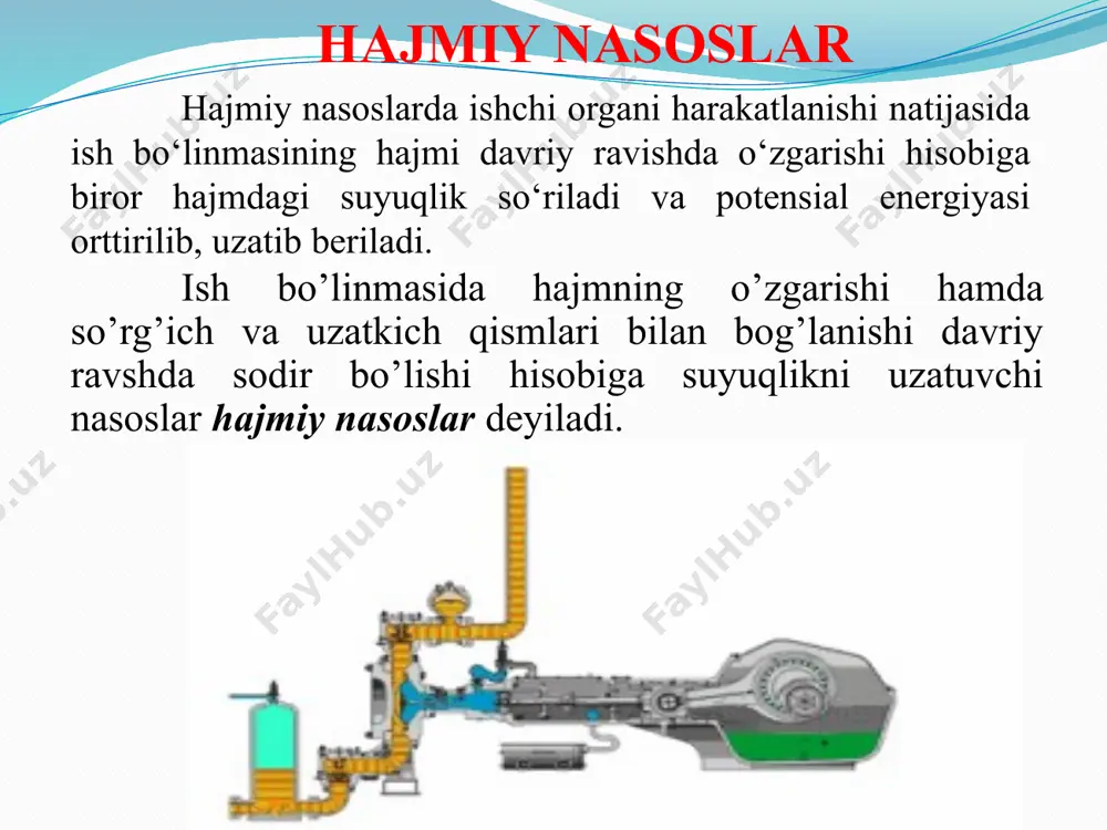 nasoslar 14 mpa bosim bilan ishlaydi va aylanish chastotasi 1000-1500 ayl/min orasida ishlatilishi tavsiya etiladi. shiberli nasoslar xulosa xulosa o’rnida shuni aytishimiz kerakki nasos stansiyalari va nasos qurulmalarini tashkil qilayotgan vaqtimizda har tomonlama qulay va tejamkor usullarni qo’lashimiz shart bunung uchun biz mutaxasis sifatida barcha qurulmalar haqida yetarlicha bilim va ko’nikmalarga ega bo’lishimiz kerak. yuqorida keltirilgan nasos va nasos qurulmalari hqida umumiy ma’lumtlar bo’lib kelajak hayotimizda albatta asqotadi desak adashmagan bo’lamiz. nasos agregatlari suv berish turiga qarab 2 turga, denamik va hajmiy nasoslar turiga bo’linadi keyingi nasos turlari shu asosida ishlaydi. uyga topshiriq dinamik va hajmiy nasoslarning farqini misollar yordamida ko’rsating? shеstеrnаli nаsоslаr nima uchun shunday ataladi? qarshi shahrini sug’orishda qanday nasoslar ishlatilishini aytib bering? nasos qurulmasi deb nimaga aytiladi plunjerli nasoslar, uyurmali nasoslar, vintli,shesternyali,diagonal nasoslar, rotorli, dinamik nasoslar deb qanday nasoslarga aytiladi? nasoslarning tasniflanishini aytib bering. denamik nasoslar nechi turga bo’linadi? e’tiboringiz uchun rahmat! salomat bо‘ling! image2.gif image3.gif image4.gif …