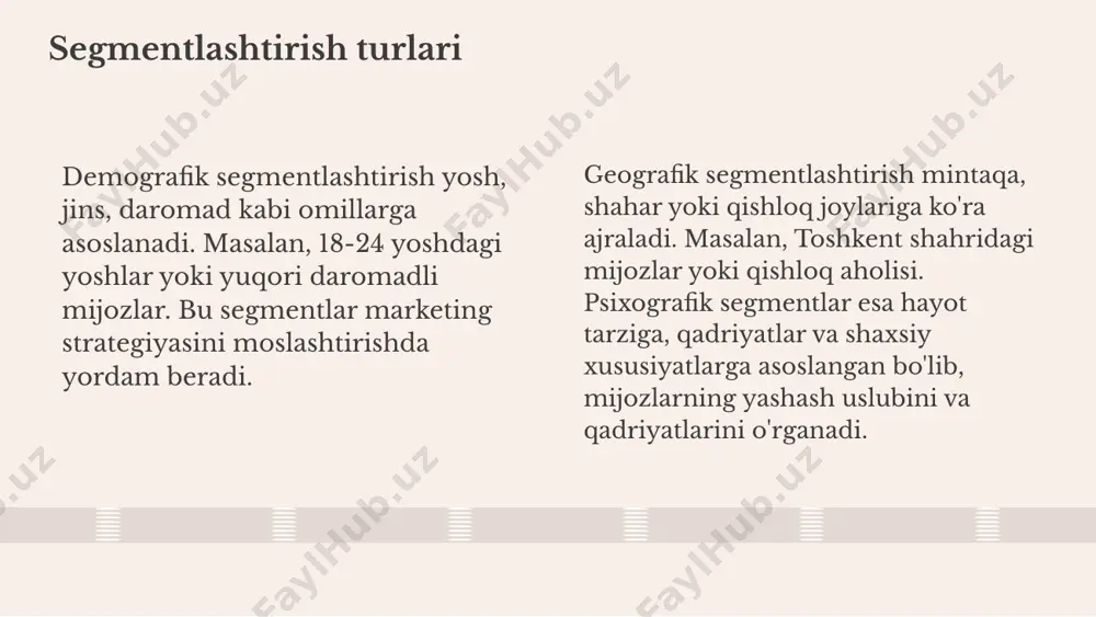 ega bo'lmasdan qaror qabul qiladi, bu esa muvaffaqiyatsizlikka olib keladi. qiyinchiliklarni bartaraf etish usullari muammolarni hal qilish uchun keng qamrovli bozor tadqiqotlari o'tkazish, raqiblarni tahlil qilish va doimiy ma'lumotlarni yangilash zarur. shuningdek, mijoz ehtiyojlarini chuqur tushunishga intilish muhimdir. muvaffaqiyatli bozor tanlash uchun tavsiyalar maqsadli segmentlarni aniq belgilash, raqobatchilarni tahlil qilish va ularning ehtiyojlariga mos keladigan takliflar ishlab chiqish muhim. uzluki strategiyalarni ishlab chiqish va bozor monitoringini davom ettirish tavsiya etiladi. 01. 02. 03. bozor segmentlari bilan ishlashning ahamiyati bozor segmentlarini aniqlash va tushunish, mijozlar ehtiyojlariga mos mahsulot va xizmatlarni ishlab chiqishga yordam beradi. segmentlashtirish samarali marketing strategiyalarini yaratish, resurslarni tejash va mijozlar bilan aloqani kuchaytirishda muhim rol o'ynaydi. bozor segmentlari bilan ishlash raqobat ustunligini oshirish, bozor ulushini kengaytirish va mahsulotni turli ehtiyojlarga moslashtirish imkonini beradi. photo by georgi kalaydzhiev on unsplash 1 2 3 maqsadli auditoriya bilan aloqalar maqsadli auditoriya bilan samarali aloqalar maqsadli auditoriya bilan muvaffaqiyatli muloqotni rivojlantirish uchun …