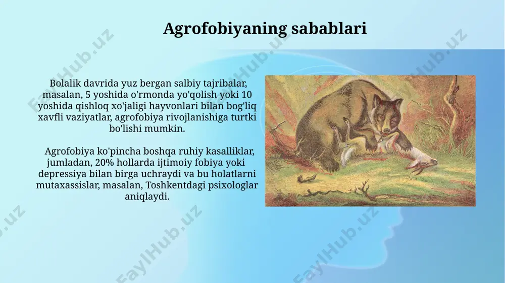 arga suv bilan bog'liq qo'rquvlarini boshqarishga yordam beradi. agrofobiya va ijtimoiy hayot agrofobiya bilan ogʻrigan 100 dan ortiq toshkentlik yoshlar ijtimoiy tadbirlardan chetda qolishadi, bu ularning akademik muvaffaqiyatlariga va kasbiy rivojlanishiga salbiy taʼsir koʻrsatadi. samarqanddagi ruhiy salomatlik mutaxassislari agrofobiyaning ijtimoiy izolyatsiyasini kamaytirish uchun kognitiv-xulq terapiyasi va guruh terapiyasidan foydalanishni tavsiya qilishadi. agrofobiya bilan yashash o'zbekistonning qishloq joylarida yashovchi 50 yoshli bir ayol agrofobiya tufayli 3 yildan beri shaharga borishdan qo'rqadi, bu uning ijtimoiy hayotini va tibbiy yordamga kirish imkoniyatini cheklab qo'ydi. agrofobiya bilan kurashish uchun kognitiv-xulq terapiyasi (kkt) va dori-darmonlardan foydalaniladi, ammo toshkentdagi mutaxassislarning fikricha, bu usullar samaradorligi odamlarning 70%da farq qiladi. agrofobiya nima? tadqiqotlar shuni ko'rsatadiki, agrofobiya dunyo bo'ylab, shu jumladan aqsh, kanada va buyuk britaniya kabi rivojlangan mamlakatlarda tarqalgan. taxminan 1% dan 5% gacha bo'lgan aholi agrofobiya alomatlarini boshdan kechirishadi. agrofobiya bilan og'riganlarning taxminan 20%i panik hujumlarini boshdan kechirishadi va bu hujumlar yurak urishi tezlashishi, nafas olish qiyinlashishi …