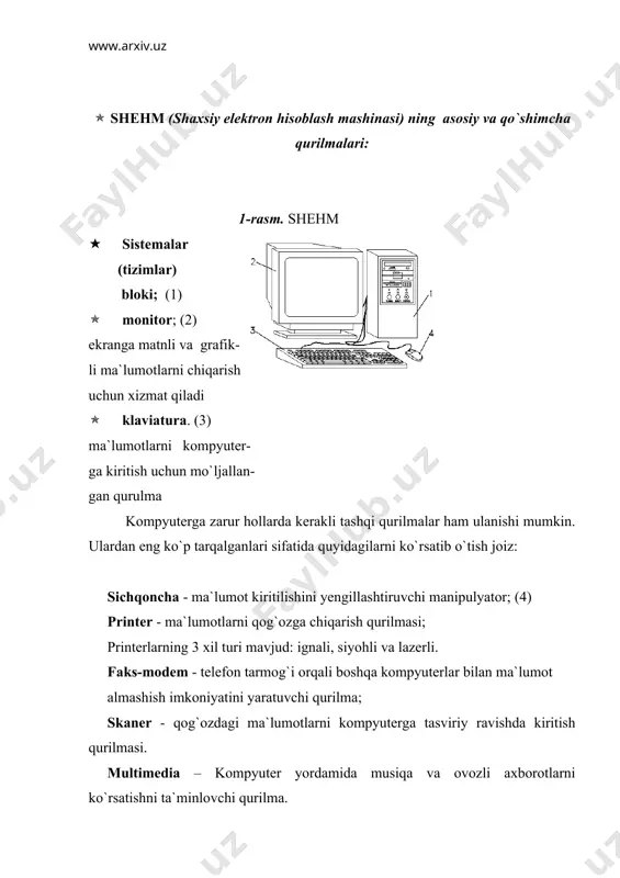 ashqi qurilmalar bilan ma`lumot almashadi. -disk yurituvchi (diskovod) egiluvchan magnit disketalardan axborotlarni o`qish va yozish uchun mo`ljallangan qurilma. -cd-rom disk yuritgich kompakt disklardan axborotni o`qish uchun mo`ljallangan qurilma. -cdrw disk yuritgich kompakt disklarga axborotlarni yozish va o`qish uchun mo`ljallangan qurilma. ( disklarning mantiqiy nomlari: mantiqiy disk va disk yurituvchilarning nomlari lotin harflarida belgilanadi: disketalar bilan ishlashni ta`minlaydigan disk yurituvchilar a: – birinchi disk yurituvchi; b: – ikkinchi disk yurituvchi (agarda bo`lsa) bilan nomlanadi. qattiq disk(vinchestr) c: bilan nomlanadi. qulaylik uchun odatda s: diski qismlarga, ya`ni mantiqiy disklarga bo`linadi. ular d:, e:,... va hokazolar bilan nomlanadi. ulardan keyingi harf bilan magnit-optik disk yurituvchi (agarda bo`lsa) nomlanadi va eng oxirgi harf bilan esa –kompakt disklar bilan ishlashni ta`minlaydigan cd-rom-disk yuritgich nomlanadi (agarda bo`lsa). 3,5 – dyuymali disk yuritgich cd-rom-disk yuritgich qattiq disk(venchestr)-ning indikatori prosessorning taktovoy chastotasini ko`rsatuvchi indikator "turbo" holatining indikatori energiya manbai indikatori "turbo" holatini yoqish va o`chirish tugmachasi energiya manbaini …