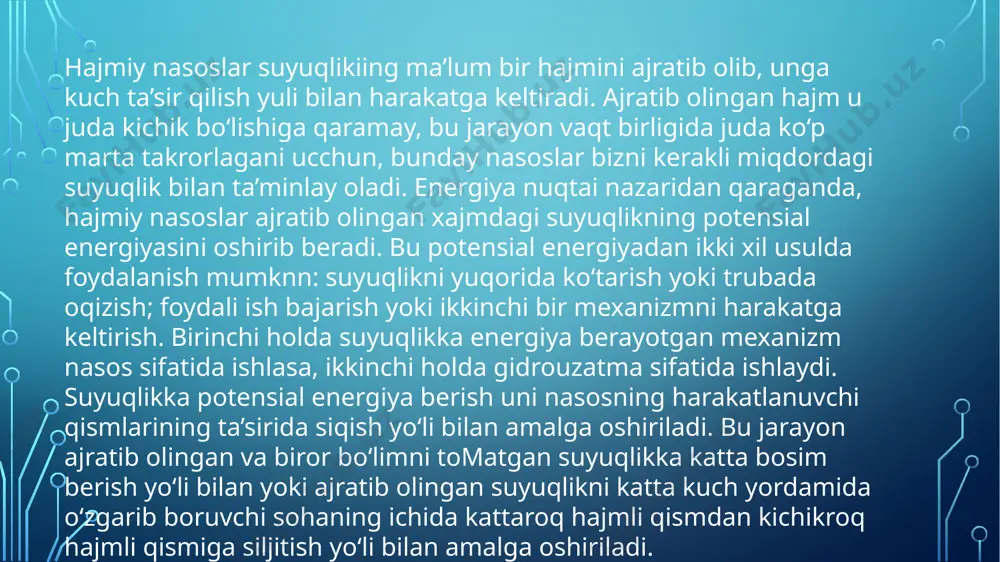 bilan birga aylanadi va kuch suyuqlikni shegaralovshi to'siqlar harakati yo‘na!ishida beriladi. bunday nasoslar rotorli nasoslar deb ataladi. hajmiy nasoslar 2.28-rasmda keltirilgan sxema bo‘yicha guruhlanishi mumkin. porshenli nasoslar siquvchi organining va ish bo'lmasining tuzilishiga qarab porshenli hamda plunjerli nasoslarga bo‘linadi. bu nasoslar bir vaqtda ishlaydigan ish bo‘lmalari bittayoki ko‘p harakatli nasoslarga bo‘linadn. ko‘p harakatli nasoslarga ikki, uch, to‘rt, besh va olti harakatli nasoslar kiradi. hajmiy nasoslarda ishchi organi harakatlanishi natijasida ish bo‘linmasining hajmi davriy ravishda o‘zgarishi hisobiga biror hajmdagi suyuqlik so‘riladi va potensial energiyasi orttirilib, uzatib beriladi. bunga porshenli va plunjerli nasoslar misol bo‘ladi (2.1-rasm). valdagi aylanma harakat 11 krivoship va 10 shatun orqali to‘g‘ri chiziqli harakatga keltirilib, dasta (shtok) 8 yordamida mexanik harakat 6 porshenga uzatiladi va u 7 silindrda ilgarilanma-qaytarilma harakat qiladi. porshen 6 o‘ng tomonga harakatlanganda ish bo‘linmasi 3 va silindr 7 hajmlari kengayib, havo siyraklashadi (vakuum hosil bo‘ladi). bosimlar farqi hisobiga so‘rish qopqog‘i 2 ochilib, pastki sathdagi …