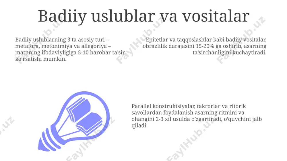 intonatsion o'zgarishlarni o'z ichiga olishi mumkin, bu esa ularning stilistik imkoniyatlarini kengaytiradi. so'roq gaplarning 3 asosiy turi (bevosita, bilvosita va ajratuvchi) mavjud bo'lib, ularning har biri adabiy asarda turlicha stilistik vazifalarni bajaradi. ritm va ohang "ритм ва оҳанг" тушунчалари бадиий матннинг фонетик хусусиятлари, жумладан, ундошлар ва унлиларнинг алмашинуви билан чамбарчас боғлиқ. шеърдаги ритм ва оҳанг таркибида 7-11 бўғинли мисраларнинг уйғунлиги асосий омил бўлиб, асарнинг мусиқийлигига хизмат қилади. ритм ва оҳанг шеъриятда 2-4 та бўғиндан иборат оёқларнинг такрорланиши орқали яратилади ва асарнинг эмоционал таъсирини кучайтиради. simvol va obraz obrazlarning semantik yukini aniqlashda kontekstual tahlil va matnning 3 ta asosiy qatlamiga (syujet, kompozitsiya, motivlar) murojaat qilish muhim. ramziy ma'no ifodalashda obrazlar 2-3 marta takrorlanib, asarning asosiy g'oyasini 100% kuchliroq ta'kidlashi mumkin. simvolizm va obrazlilik adabiyotda 5 dan ortiq turli usulda qo'llaniladi, ularning har biri o'ziga xos stilistik vazifani bajaradi. dialog va monolog add text add text add text add text add text …