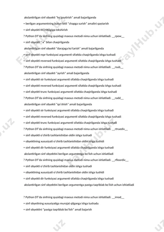 “teng emas”likka tekshirish akslantirilgan sinf obyekti “ko’paytirish” amali bajarilganda = berilgan argumentning butun bitli “chapga surish” amalini qaytarish = sinf obyekti kichikligiga tekshirish ? python dt’da sinfning quyidagi maxsus metodi nima uchun ishlatiladi: __rpow__ = sinf obyekti “-x” bilan chaqirilganda akslantirilgan sinf obyekti “darajaga ko’tarish” amali bajarilganda = sinf obyekti repr funksiyasi argumenti sifatida chaqirilganda ishga tushadi = sinf obyekti reversed funksiyasi argumenti sifatida chaqirilganda ishga tushadi ? python dt’da sinfning quyidagi maxsus metodi nima uchun ishlatiladi: __rsub__ akslantirilgan sinf obyekti “ayrish” amali bajarilganda = sinf obyekti str funksiyasi argumenti sifatida chaqirilganda ishga tushadi = sinf obyekti reversed funksiyasi argumenti sifatida chaqirilganda ishga tushadi = sinf obyekti trunc funksiyasi argumenti sifatida chaqirilganda ishga tushadi ? python dt’da sinfning quyidagi maxsus metodi nima uchun ishlatiladi: __radd__ akslantirilgan sinf obyekti “qo’shish” amali bajarilganda = sinf obyekti str funksiyasi argumenti sifatida chaqirilganda ishga tushadi = sinf obyekti reversed funksiyasi argumenti sifatida chaqirilganda ishga …