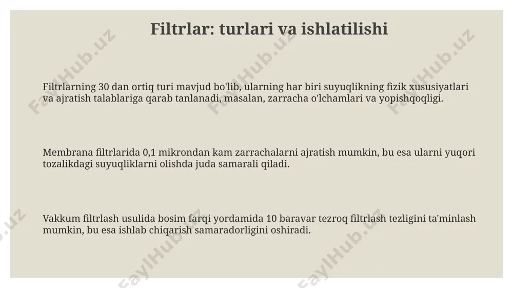 un esa turbina yoki pervane shaklidagi aralashtirgichlar samaraliroq bo'ladi. ularning tanlanishi aralashtiriladigan moddalar xususiyatlariga bog'liq. ba'zi aralashtirgichlar, masalan, planetar aralashtirgichlar, bir vaqtning o'zida 3-5 ta harakatni birlashtiradi, bu esa o'ta bir xil aralashmani ta'minlaydi va mahsulot sifatini yaxshilaydi. aralashtirish uskunalarining 3 asosiy turi mavjud: mexanik aralashtirgichlar (turli tezliklarda 1000 dan 5000 rpm gacha ishlaydiganlar), statik aralashtirgichlar (bosim farqi yordamida aralashtiruvchi) va in-line aralashtirgichlar (o'tkazish quvurlari ichida o'rnatilgan). suyuqliklarni ajratish uskunalari turlari suyuqliklarni ajratish uskunalarining 3 ta asosiy turi mavjud: dekantatorlar, sentrifugalar va filtrlar, ularning har biri turli xususiyatdagi aralashmalarni ajratish uchun mo'ljallangan. sentrifugalar, 1000-10000 rpm gacha tezlikda aylanish orqali zichlik farqi asosida suyuqliklarni ajratadi, bu esa suv va yog' kabi aralashmalarning samarali ajratilishini ta'minlaydi. membrana filtrlash texnologiyasi, 0,1 mikrondan kichik zarrachalarni ajratish imkonini beruvchi yuqori samarali suyuqliklarni tozalash usuli bo'lib, unda 3 turdagi membranalar qo'llaniladi. ekstraktorlar: turlari va ishlatilishi qattiq-suyuq ekstraksiyasi jarayonida, masalan, o'simlik moylarini olishda, odatda 3-5 marta ekstraksiya …