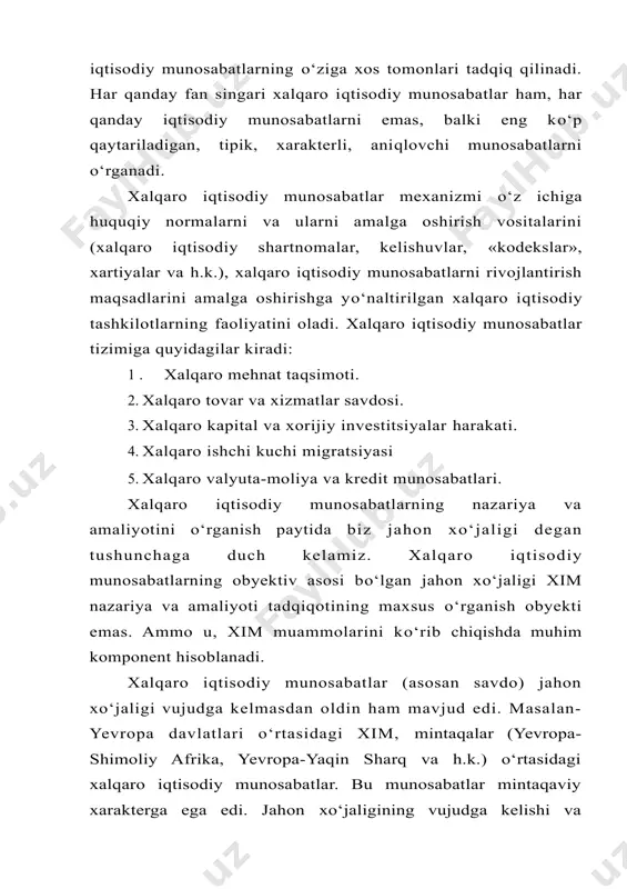 tining obyektiv qonunlariga buysunuvchi, о‘zaro bog‘liq bо‘lgan milliy iqtisodiyotlar birlashmasi, global iqtisodiy organizmdir. jahon xо‘jaligi rivojlanishinig bosqichlari. vujudga kelish va rivojlanishda uzoq va qiyin yо‘l bosib о‘tdi. ayrim tadqiqotchilar uning vujudga kelishini rim imperiyasi davriga bog‘lashadi. bunda ular rim imperiyasini о‘sha vaqtdagi butunjahon xо‘jalik tizimi deb baholaydilar. boshqa olimlar jahon xо‘jaligi faoliyat kо‘rsata boshlagan vaqtni xv-xvi asrlar, ya’ni buyuk jug‘rofiy kashfiyotlar davri bilan bog‘laydilar. aynan shu kashfiyotlar qimmatbaho toshlar, metallar, shirinliklar va kо‘llar bilan xalqaro savdoning tez rivojlanishiga sabab bо‘ldi. ammo bu davrdagi jahon xо‘jaligi cheklangan bо‘lib, faqat savdogarlar sarmoyalari ishlaydigan soha edi. zamonaviy jahon xо‘jaligi sanoat inqilobidan keyin, kapital monopol bosqichiga о‘tishi davomida vujudga keldi. xix asr oxiri-xx asr boshidagi jahon xо‘jaligi xxasrning 60-90-yillaridagi jahon xо‘jaligidan sezilarli farq qiladi. xx asrdagi jahon xо‘jaligi «kapital kuchiga» nisbatan kо‘p jihatdan oddiy kuchga, iqtisodiyotga yot bо‘lgan majburiyatlarga asoslangan edi. bu davrdagi jahon xо‘jaligida о‘tkir qarama-qarshiliklar mavjud edi. bu esa uni nobarqaror qilardi. …