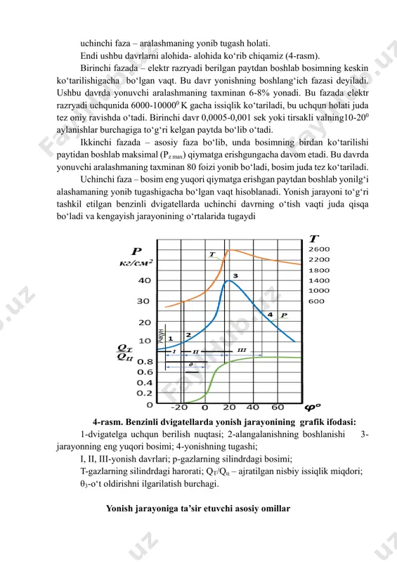 sh paytida ishchi aralashma 9-13 kg/sm2 (0,9-1,3 mpa) bosimda siqiladi, aralashma temperaturasi 600-7500 k ga koʻtariladi; - aralashma svecha elektrodlari orasida berilgan razryad uchquni yordamida yondiriladi. yonish jarayonining fazalari. har xil tarkibli aralashmalarning yonishi yonish jarayoni parametrlarining vaqt birligida oʻzgarishiga qarab ushbu jarayonni shartli ravishda uch davrga boʻlib olish mumkin: birinchi faza – aralashmani yoqishi va alanga manbaining shakllanishi; ikkinchi faza – alanganing yonish kamerasi hajmi boʻyicha tarqalishi; uchinchi faza – aralashmaning yonib tugash holati. endi ushbu davrlarni alohida- alohida koʻrib chiqamiz (4-rasm). birinchi fazada – elektr razryadi berilgan paytdan boshlab bosimning keskin koʻtarilishigacha boʻlgan vaqt. bu davr yonishning boshlangʻich fazasi deyiladi. ushbu davrda yonuvchi aralashmaning taxminan 6-8% yonadi. bu fazada elektr razryadi uchqunida 6000-100000 k gacha issiqlik koʻtariladi, bu uchqun holati juda tez oniy ravishda oʻtadi. birinchi davr 0,0005-0,001 sek yoki tirsakli valning10-200 aylanishlar burchagiga toʻgʻri kelgan paytda boʻlib oʻtadi. ikkinchi fazada – asosiy faza boʻlib, unda bosimning birdan …