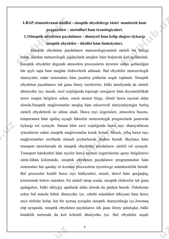 . sinoptik obyektten paydalanıw tek ǵana ilimiy izertlewler, bálki ámeliyatda da zárúrli áhmiyetke iye, mısalı, awıl xojalıǵında topıraqtı suwǵarıw hám dıyxanchilikda tuwrı waqtın belgilew ushın, sonıń menen birge, ólimli hawa rayınıń aldın alıwda.sinoptik maǵlıwmatlar anıqlıq hám tekseriwdi támiyinleytuǵın barlıq zárúrli obyektlerdi óz ishine aladı. hawa rayi ózgerisleri, atmosfera basımı, temperatura hám ıǵallıq sıyaqlı faktorlar meteorologik prognozlardı jaratıwda tiykarǵı rol oynaydı. sanaat hám awıl xojalıǵında hawa rayı sharayatlarına iykemlesiw ushın sinoptik maǵlıwmatlar kerek boladı. mısalı, jıllıq hawa rayı maǵlıwmatları awıllarda ónimdi joybarlawda járdem beredi. baylanıs hám transport tarawlarında da sinoptik obyektten paydalanıw zárúrli rol oynaydı. transport háreketleri hám reysler hawa rayınıń ózgerislerine qaray belgileniwi zárúr.jáhán kóleminde, sinoptik obyektten paydalanıw programmaları hám sistemaları hár qanday iri kosmos processlerin úyreniwge múmkinshilik beredi. bul processler kúshli hawa rayı hádiyseleri, mısalı, dawıl hám qurǵaqlıq, kórinisinde bolıwı múmkin. eń zárúrli tárep sonda, sinoptik ólshewler tek ǵana qadaǵalaw, bálki tábiyǵiy apatlardı aldın alıwda da járdem beredi. ózbekstan …
