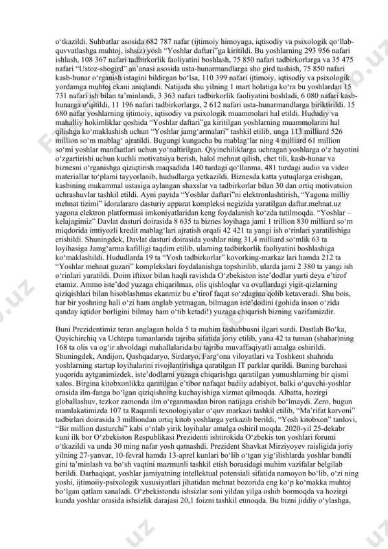 ya, oliy majlisi senati va qonunchilik palatasi qoshida “yoshlar parlamenti”; o‘zbekiston respublikasi yoshlar ishlari agentligi, yoshlar muammolarini o‘rganish va istiqbolli kadrlarni tayyorlash instituti; innovatsion rivojla nish vazirligi qoshida yoshlar akademiyasi tashkil etilgani tahsinga loyiqdir. yoshlarning muammolarini o‘rganib, ularga yetarlicha amaliy yordam berish maqsadida ijro hokimiyatida ham ijobiy o‘zgarishlar bo‘ldi. masalan, 2017-yildan qoraqalpog‘iston respublikasi vazirlar kengashi raisi, viloyatlar, toshkent shahar, tuman va shaharlar hokimlarining yoshlar masalalari bo‘yicha o‘rinbosari lavozimi joriy etildi. bu yigit-qizlarning muammolarini hududlar kesimida chuqur o‘rganib, yechim topishda qo‘l kelyapti. albatta, har bir inson doim baxtli yashashni istaydi. mamlakat o‘z fuqarolariga shu imkoniyatni yaratib berishi kerak. bugun yoshlarimiz o‘z istaklari sari bemalol odimlay olishi uchun har soniyada ular qayg‘usi bilan yashashimiz lozim. shu maqsadda toshkent shahri, toshkent, qashqadaryo va xorazm viloyatlari tajribasi asosida barcha tuman (shahar)larda yoshlar bilan ishlash bo‘yicha yangicha tizim joriy etildi va tuman (shahar)lar kesimida “yoshlar dasturlari”ni amalga oshirish yo‘lga qo‘yildi. buyuk mutafakkir bobomiz alisher navoiyning …