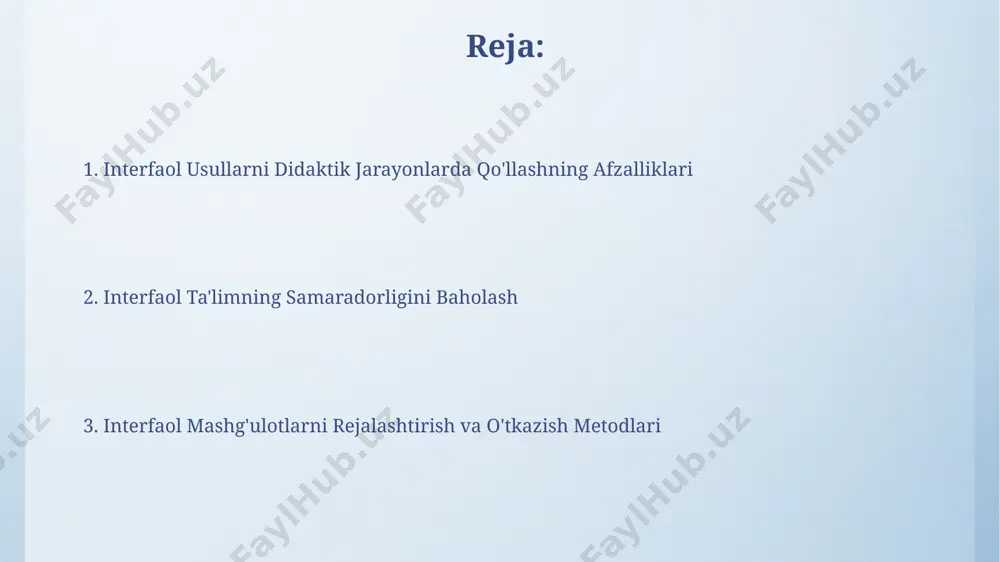 tiv mashg'ulotlarning turlari interfaol o'yinlar, masalan, 5 kishilik guruhlarda "kim tezroq?" o'yini toshkentdagi maktablarda samarali qo'llanilmoqda va bilimlarni mustahkamlashga yordam beradi. debatlar va munozaralar, 2-3 ta argumentni qo'llab-quvvatlashni talab qiladigan, samarqanddagi oliygohlarda keng qo'llaniladigan va talabalarning tanqidiy fikrlash qobiliyatini rivojlantirishga xizmat qiladigan interaktiv usullardan biridir. interaktiv darslarni rejalashtirish interaktiv darslarni rejalashtirishda, turli xil o'yin texnologiyalari (masalan, "kim tezroq?", "topishmoq"), 7-sinf o'quvchilari uchun darsning 40% ini tashkil qilishi kerak, andijon shahridagi maktablar misolida ko'rsatilganidek. interfaol darslarni rejalashtirishda 5-10% vaqtni talabalar o'zaro hamkorlikda ishlashiga, masalan, 3 kishilik guruhlarda topshiriq bajarishiga ajratish samarali natijalar beradi, ayniqsa buxoro viloyatining maktablari uchun. baholash va samaralilikni o'lchash samarali interaktiv usullarni qo'llash natijasida toshkent shahridagi 250 nafar o'quvchining bilim darajasi 15% ga oshganligini ko'rsatuvchi statistik ma'lumotlar mavjud. baholash jarayonida 5 ball shkalasi va 3 ta turli test (yozma, og'zaki, amaliy) yordamida andijon viloyatida o'tkazilgan tadqiqotlar samaradorlikni aniqlashda muhim rol o'ynadi. e'tiboringiz uchun rahmat @taqdimot_robot image4.png image5.jpg image6.jpg …