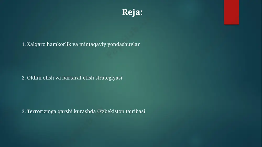 umati “islom davlati” va boshqa xalqaro terroristik tashkilotlarning propagandasiga qarshi kurashish uchun internetni nazorat qilish va radikal ideologiyalarning tarqalishini oldini olishga qaratilgan maxsus dasturlarni amalga oshirdi. andijon voqealaridan soʻng, oʻzbekiston hukumati terrorizm bilan kurashda xalqaro hamkorlikni kuchaytirdi, shu jumladan, aqsh va rossiya bilan ma’lumot almashish va qoʻshma operatsiyalarni oʻtkazdi. qonunchilik bazasi va huquqiy jihatlari жиноят кодексининг 155-моддаси ва бошқа тегишли моддаларида терроризмга оид жиноятлар учун жазо чоралари, жумладан, 15 йилгача озодликдан маҳрум қилиш назарда тутилган бўлиб, бундай жиноятларнинг олдини олиш учун 500 дан ортиқ махсус тайёргарлик курслари ўтказилади. ўзбекистон 2000-йиллардан бошлаб терроризмга қарши кураш бўйича 100 дан ортиқ қонун ва қонуности ҳужжатларини қабул қилди, буларнинг кўпчилиги тошкент ва бошқа йирик шаҳарлардаги хавфсизликни таъминлашга қаратилган. ўзбекистоннинг андижон, фарғона каби вилоятларидаги экстремистик гуруҳларнинг фаолиятининг олдини олиш учун 2010 йилдан кейин миллий хавфсизлик хизматларининг малакасини ошириш бўйича кенг кўламли дастурлар амалга оширилди. din sohasidagi islohotlar va terrorizmga qarshi kurash andijon voqealaridan keyin oʻzbekiston …