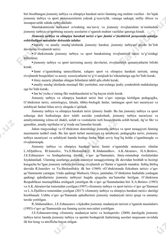 llarida joriy etilgan qonunlar, qarorlar, farmonlar, nizomlar hamda o’zbekiston respublikasi prezidenti asarlarida asoslab berilgan g’oyalarga tayanadi. ularni jismoniy madaniyat ijtimoiy-pedagogik jarayon sifatida o’ziga metodologik asos qilib olgan. jismoniy tarbiya va olimpiya harakati tarixi faninining maqsadi – talabalarda jismoniy tarbiya va sportning turli tarixiy davrlarda rivojlanish qonuniyatlari, g’oyalari, tizimlari, asosiy shakllari, usullari va vositalari to’g’risidagi ilmiy-nazariy bilimlarni shakllantirishdir. fanning asosiy vazifalari – talabalarga jismoniy tarbiya va sport tarixini ilmiy-nazariy jihatdan tahlil qilish, jismoniy tarbiya usullari, shakllari, vositalari, sport sohasida erishilgan yutuqlar va eng ilg’or tajribalardan foydalanishni hamda o’zbekistonda jismoniy tarbiya va sport tarixini o’rgatishdan iborat. jismoniy tarbiya va olimpiya harakati tarixi fanining muhim vazifasi jahon xalqlari jismoniy tarbiyasining xususiyatlarini o’rganish va uning rivojlanish yo’llarini aniqlashdir. ijtimoiy fanlardan biri hisoblangan jismoniy tarbiya va olimpiya harakati tarixi fanining eng muhim vazifasi - bo’lajak jismoniy tarbiya va sport mutaxassislarini yuksak g’oyaviylik, vatanga sadoqat, milliy iftixor va insonparvarlik ruhida tarbiyalashdir. mamlakatimizda barkamol avlodning ma’naviy va …