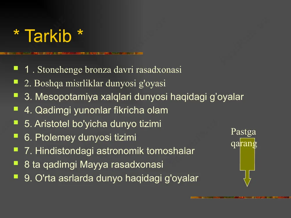 gan. u tabiatning barcha hodisalarini o'zi suv deb hisoblagan yagona moddiy printsip asosida tushuntirdi. u yerni yassi disk deb hisoblagan, atrofi inson yetib bo‘lmaydigan dengiz bilan o‘ralgan, undan har oqshom yulduzlar kelib-ketib turadi. sharqiy dengizdan oltin aravada quyosh xudosi helios har kuni ertalab ko'tarilib, osmon bo'ylab yo'l oldi. keyinchalik, pifagorchilar fales nazariyasidan voz kechib, yerning dumaloqligini taxmin qilishdi. a. samosskiy yerning boshqa sayyoralar bilan birgalikda quyosh atrofida aylanishini ta'kidladi. buning uchun u surgun qilingan. 5. aristotel bo'yicha dunyo tizimi buyuk yunon faylasufi arastu yer shar shakliga ega ekanligini tushunib, buning eng kuchli isbotlaridan birini – oy tutilishida oydagi yer soyasining dumaloq shaklini keltirgan. shuningdek, u oyning quyosh tomonidan yoritilgan va yer atrofida aylanadigan qorong'i to'p ekanligini tushundi. ammo arastu yerni dunyoning markazi deb hisoblagan. u materiyani to'rtta sharni tashkil etuvchi to'rt elementdan iborat deb hisobladi: yer, suv, havo va olov. bundan ham uzoqroqda sayyoralarning sharlari - yulduzlar orasida harakatlanuvchi ettita …