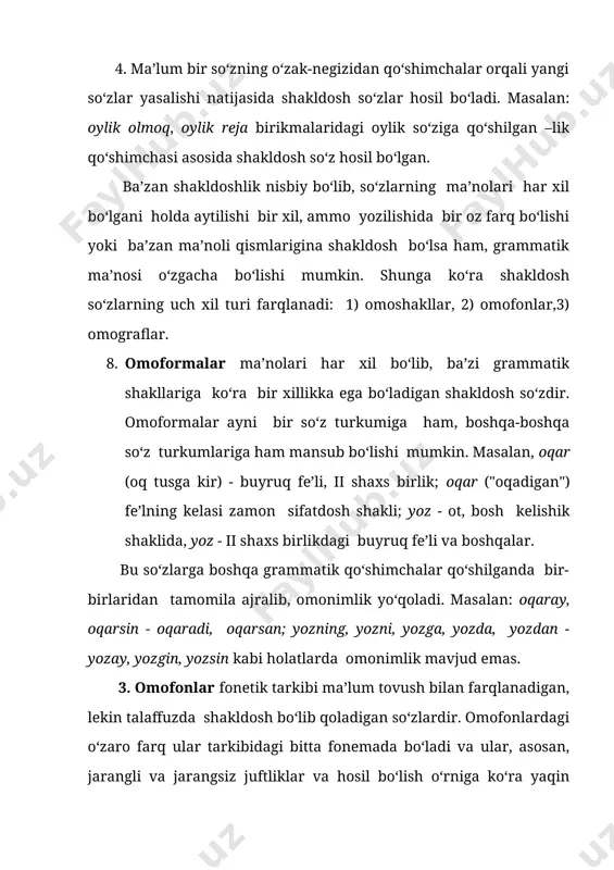 fakt - dalil, isbot, pakt - davlatlar o‘rtasidagi shartnoma, kelishuv hujjati ma’nosidagi so‘z; afzal - qulay, ma’qul abzal esa ot va boshqa ulov anjomi, to‘qim va boshqa jihozlarning umumiy nomidir. xuddi shuningdek, paronimlik holatni amr-amir, zirak - ziyrak, jayron-jiyron, yondosh - yondash, quyilmoq - quyulmoq so‘zlari misolida ko‘rish mumkin. paronimlar tub yoki yasama so‘zlardan tarkib topgan bo‘lishi mumkin. masalan, fakt-pakt, burj-burch kabilar tub so‘zlar asosida shakllangan paronimlardir. yasama so‘zdan esa bir o‘zaklardan bir xil qo‘shimchaning fonetik variantlarini qo‘shish asosida hosil bo‘ladi: yoriq-yorug‘, qurit-qurut, oqlik-oqliq, otalik-otaliq. paronim so‘zlar o‘z va o‘zlashma so‘zlar asosida vujudga kelishi mumkin: aro-oro (o‘zbek va fors-tojik), burch-burj (o‘zb. va arab). paronimlar ham antonimlar singari har doim juft so‘z shaklida tuziladi, biroq ular bir xil va har xil so‘z turkumlariga mansub bo‘lishi mumkin. paronimiya ba’zi til hodisalariga yaqin bo‘lib, ulardan quyidagi xususiyatlari bilan farqlanadi: 1.paronimlar so‘z variantlari (leksik dubletlar) bilan yondosh hodisadir. ular ham ayrim tovush orqaligina farqlanib, …
