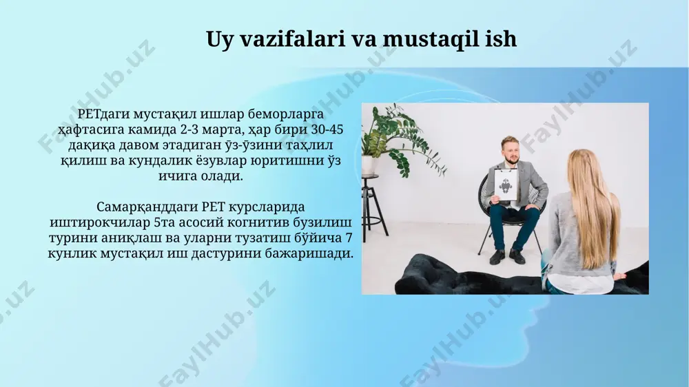 lar, re terapiyasining depressiya va xavotirlilik kabi hissiy buzilishlarda samaradorligini tasdiqlaydi va bemorlarning xatti-harakatlariga ijobiy ta'sir ko'rsatishini ko'rsatadi. re terapiyasining asosiy printsiplaridan biri – 3 ta asosiy noto'g'ri fikrlash uslublarini aniqlash va ularni ratsional fikrlash bilan almashtirish orqali, bemorning hissiy holatini va xatti-harakatlarini ijobiy tomonga o'zgartirishdir. masalan, katastrofik fikrlash. davolash jarayonining bosqichlari reterapiya jarayonining dastlabki bosqichi, mijoz bilan 3-5 ta uchrashuv davomida, his-tuyg'ularini aniqlash va ularning manbalarini aniqlashga qaratilgan bo'lib, bu jarayon ko'pincha aqshning turli shaharlaridagi amaliyotlarda qo'llaniladi. davolanishning yakuniy bosqichida, taxminan 10-12 ta seansdan so'ng, mijozlar yangi, moslashuvchan fikrlash usullarini o'rganadilar va bu usullarni kundalik hayotlarida qo'llash bo'yicha amaliy mashqlar bajarishlari kerak, bu jarayon germaniyadagi mutaxassislar tomonidan ishlab chiqilgan. boshqa terapiya usullari bilan taqqoslash kognitiv-xulq terapiyasi (kkt) bilan taqqoslaganda, rebt o'ziga xos irratsional e'tiqodlarni aniqlash va ularni tor-mor qilishga ko'proq urg'u beradi, kkt esa muammolarni hal qilish strategiyasiga ko'proq e'tibor qaratadi, masalan, germaniyada o'tkazilgan tadqiqotlar shuni ko'rsatdiki. rebt, psixodinamika …