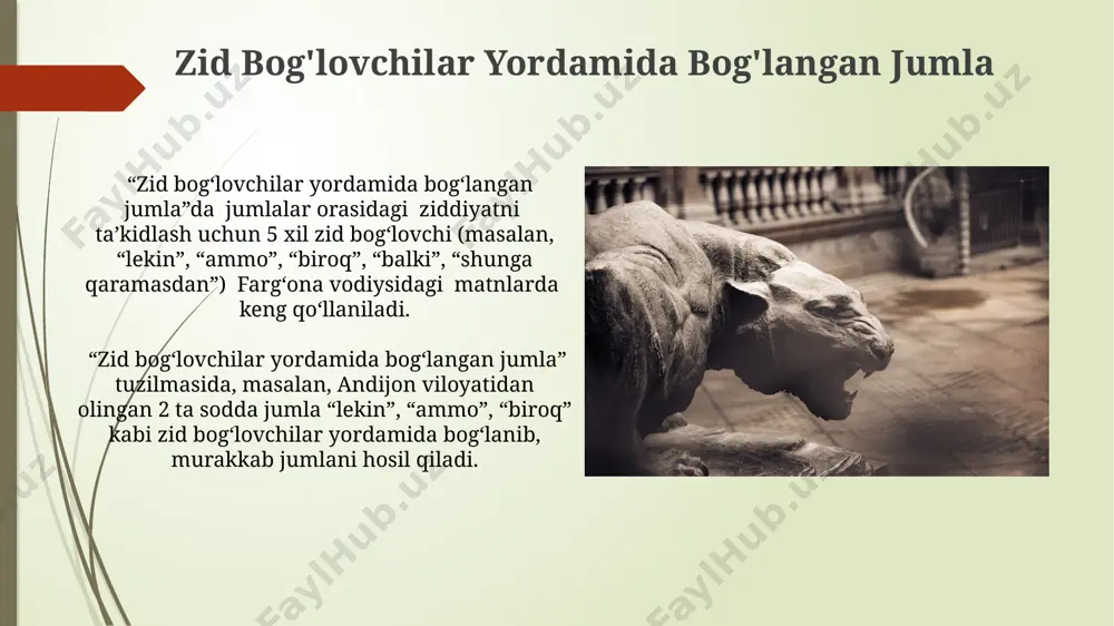 0% tomonidan qo'llaniladi. maqsad bog'lovchilar yordamida bog'langan jumla maqsad bog'lovchilar yordamida bog'langan qo'shma gaplarda, masalan, "va", "u", "lekin" kabi 3 ta bog'lovchi yordamida 2 ta sodda gap o'zaro bog'lanib, yagona ma'no ifodalaydi, bu esa samarqanddagi 15-asr adabiyotida ko'p uchraydi. maqsad bog'lovchilar bilan bog'langan qo'shma gaplarning 4 turi mavjud bo'lib, ular orasida sabab-oqibat munosabatini ifodalovchi gaplar andijon viloyatining tarixiy hujjatlarida 18-asrda keng tarqalgan edi. murakkab jumlaning turlarini farqlash murakkab jumlalardagi tinish belgilarining qo'llanilishi (vergul, nuqta, nuqta vergul) ularning tuzilishiga va bog'lovchi so'zlarning turiga bog'liq. masalan, biriktiruvchi bog'lovchilar bilan bog'langan ikki sodda jumla orasiga vergul qo'yiladi, bu esa andijondagi 7-maktab grammatika darslarida batafsil bayon etilgan. murakkab jumlalarni bog'lovchi so'zlar (masalan, va, lekin, yoki) yordamida 2 yoki undan ortiq sodda jumlalarning birlashishi orqali 3 xil asosiy turga: biriktiruvchi, qarama-qarshi va ajratuvchi murakkab jumlalarga bo'linadi, bu toshkentdagi 5-maktab o'quv dasturida ko'rsatilgan. sababiy bog'lovchilar yordamida bog'langan jumla toshkentdagi 5-maktab o'quvchilarining 80 foizi, sababi shuki, darslar …
