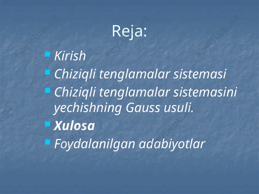ilgan (a | b) matritsa rangiga teng bo`lib, teng ranglar noma`lumlar soni m dan kichik bo`lsa, ya`ni rang(a) = rang(a | b) < m, sistema aniqmas bo`ladi. agarda asosiy matritsa rangi kengaytirilgan matritsa rangidan kichik bo`lsa, sistema birgalikda bo`lmaydi. bir jinsli chiziqli tenglamalar sistemasining nolmas yechimlari mavjudlik shartlari. agar (1) sistema tenglamalari barcha ozod hadlari nolga teng bo`lsa, chiziqli tenglamalar sistemasi bir jinsli sistema deyiladi. agarda tenglamalar ozod hadlaridan hech bo`lmaganda bittasi noldan farqli bo`lsa, sistema bir jinsli bo`lmagan sistema deb ataladi. chiziqli bir jinsli tenglamalar sistemasi doimo birgalikda, chunki rang(a) = rang(a | o) tenglik har doim o`rinli. bundan tashqari, bir jins-li sistema har doim m ta nollar tizimi - nolli yoki trivial (0; 0; …; 0) yechimga egaligi bilan xarakterlanadi. chiziqli bir jinsli tenglamalar sistemasi uchun uning nolmas ye-chimlarga egalik shartini bilish muhimdir. javob kroneker–kapelli teoremasidan kelib chiqadi. teorema. chiziqli bir jinsli tenglamalar sistemasi nol yechimdan tashqari nolmas …