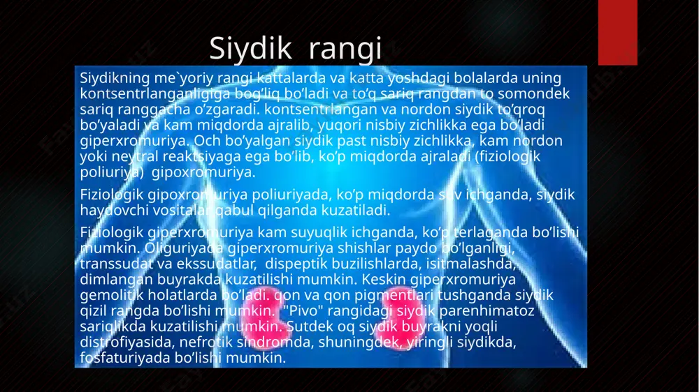 ko’riladi siydik tiniqligini baholash maqsadida 20 6 qadam siydik tiniqligi o’zgarishiga qarab baholanadi agar siydik tiniqligi o’zgarib xiralasib?oq rangga kirsa oqsil bor deb baholanadi 20 siydik tarkibida glyukozani aniqlash siydikda glyukozaning fiziologik miqdori juda past, sog’lom odamlarda 0,06 dan 0,083 mmol/l gacha tashkil etadi. siydikda glyukozaning bunday past kontsentratsiyasi ko’pgina usullarning sezgirlik pog’onasidan past deb hisoblanadi. bu siydik bilan glyukoza faqatgina patologik holatlarda ajralib chiqadi deb hisoblashga asos bo’ladi. shu bilan birga, siydikda glyukozaning miqdori fiziologik darajadan past bo’lishi yoki umuman bo’lmasligi bakterial infektsiya bakteriuriyaning ko’rsatkichidir.patologik glyukozuriya siydik bilan glyukozaning ko’p miqdorda ajralishi (bir litr siydikda glyukoza miqdori 0,3-0,5 g/l dan bir necha grammgacha), biror bir patologiya bilan kechadi. siydik tarkibida qon eritrotsit aniqlanishi siydikda qon eritrotsit (gematuriya sindromi) yoki eritrotsitlar parchalanish maqsulotlari (gemoglobinuriya, siderinuriya sindromlari) bo’lishi bilan aniqlanishi mumkin mutlaq soqlom odamlarda ham siydikda bitta-ikkita eritrotsitlar bo’lishi mumkin. amaliy sog’lom odamlarda kuniga 1 milliongacha eritrotsitlar ajraladi, bu 1 mkl …