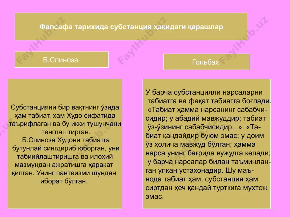 даражаси. материя (моддий борлиқ) материя тузилиши элиментлари 8 акс этиш – моддий тизимларнинг ўз-ўзида у билан муносабатга киришувчи бошқа моддий тизимларни ишлаб чиқиш қобилияти. акс этишнинг моддий исботи изларнинг қолишида намоён бўлади (бир моддий объектнинг иккинчи моддий объектда): инсон оёқ кийимидаги тупроқ излари, тирналишлар, акс садо, кўзгуда ва сув ҳавзаларининг силлиқ юзасида жисмларнинг акс этиши. физикавий кимёвий механик биологик биологик акс этишнинг даражалари сезувчанлик таъсирчанлик психик акс таъсир онг – акс этишнинг энг юқори даражаси. материалистик концепцияга мувофиқ онг – юксак ташкил этилган материяни акс эттириши. инъикос материянинг хоссаси сифатида 9 дунёнинг бирлиги дунёнинг ранг-баранглиги дунёнинг чеклилиги дунёнинг боқийлиги дунёнинг чексизлиги дунёнинг ўзгарувчанлиги дунё 10 геоцентрик дунё - бу шундай дунёки атрибут- лари универсал мазму- нининг, инсон танаси мавжудлик шарт-шаро- итларида намоён бўлув- чи атрибутларнинг уни- версал мазмунига мос келишидир атрибутларнинг уни- версал мазмуни инсон танасининг мавжудлик шарт-шароитларида намоён бўлувчи атри- бутларнинг универ- сал мазмунидан фарқ қилувчи моддий объект ногеоцентрик …
