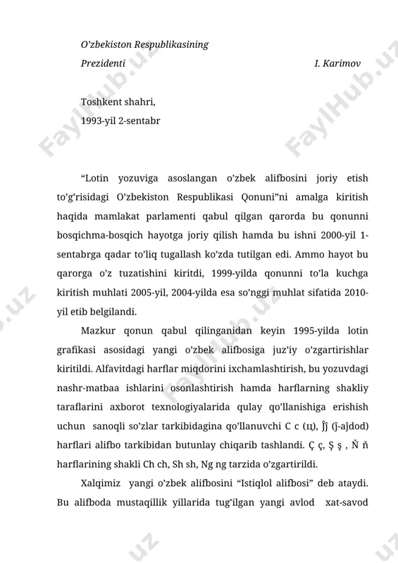 meros bitilgan arab alifbosini va kirillitsani o’rganish ulardan foydalanish uchun zarur sharoitlar saqlab qolinadi”, ya’ni, yangi o’zbek yozuviga o’tish bilan an’anaviy yoki eski yozuvlar qonundan tashqari deb e’lon qilinmagan, balki, aksincha, bu yozuvlarni o’qish-o’rganish va foydalanishni garantiyalash ko’zda tutilgan. bu qoida ushbu qonunnig jiddiy yutug’idir. xullas, yozuv va imlo islohotlari qandaydir mafkura yoki siyosiy kuchlarning maqsadlariga emas, xalq va jamiyat manfaatlariga xizmat qilishi lozim, o’shandagina bunday islohotlarni ma’qullash va ijobiy baholash mumkin. foydalanilgan adabiyotlar 1. y.abdullayev “sovg’a” kitobi 2. mardonqul boltayev “lotin yozuviga asoslangan o’zbek alifbosi va imlosi” toshkent 2003 y. 3. b.mengliyev “hozirgi o’zbek adabiy tili” qarshi 2004 y. 4. r.jo’raqulov “istiqlol alifbosi” 5. sh.rahmatullayev. o’zbek tilining yangi alifbosi 6. internet ma’lumotlari www.ziyonet.uz 7. www.pedagog.uz