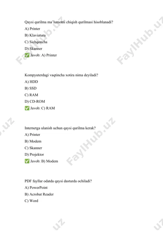 lish uchun qaysi tugmalar ishlatiladi? a) ctrl + i b) ctrl + b c) ctrl + u d) ctrl + s ✅ javob: b) ctrl + b wordda matnni kursiv (italik) qilish uchun qaysi tugmalar ishlatiladi? a) ctrl + b b) ctrl + i c) ctrl + s d) ctrl + u ✅ javob: b) ctrl + i wordda matnni tagiga chizish (underline) uchun qaysi tugmalar ishlatiladi? a) ctrl + s b) ctrl + i c) ctrl + u d) ctrl + b ✅ javob: c) ctrl + u excelda ustunlarni tartiblash uchun qaysi bo‘limdan foydalaniladi? a) data → sort b) insert → table c) file → open d) home → copy ✅ javob: a) data → sort powerpointda slaydlarni navbat bilan ko‘rsatish qanday nomlanadi? a) slideshow b) animation c) insert d) design ✅ javob: a) slideshow wordda hujjatni saqlash uchun qaysi buyruq ishlatiladi? a) file → open b) file …