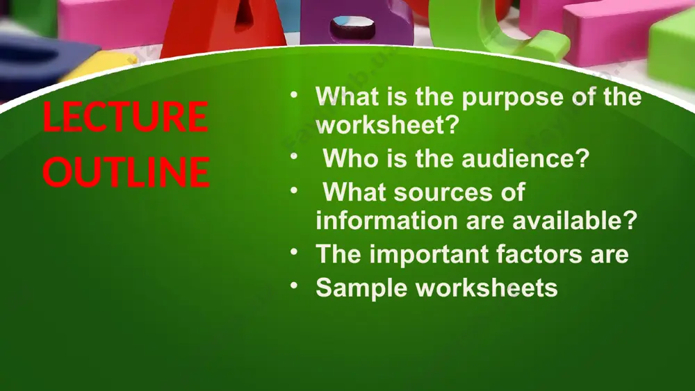 late provided by fppt.com www.free-power-point-templates.com if your worksheet is good, but the reproduction is poor, then the final overall effect is poor. store the master copy in a plastic wallet in a safe place and use the original only to make any future reproductions. quality of reproduction this presentation uses a free template provided by fppt.com www.free-power-point-templates.com sample worksheets this presentation uses a free template provided by fppt.com www.free-power-point-templates.com this presentation uses a free template provided by fppt.com www.free-power-point-templates.com this presentation uses a free template provided by fppt.com www.free-power-point-templates.com there are several other types of worksheet, including: multiple choice worksheets are basically quiz-type exercises gap fill worksheets where students insert the right words in gaps in the text word puzzle worksheets include crosswords, word search and word maze labelling worksheets where students annotate an illustration this presentation uses a free template provided by fppt.com www.free-power-point-templates.com evaluate your worksheet! when you …
