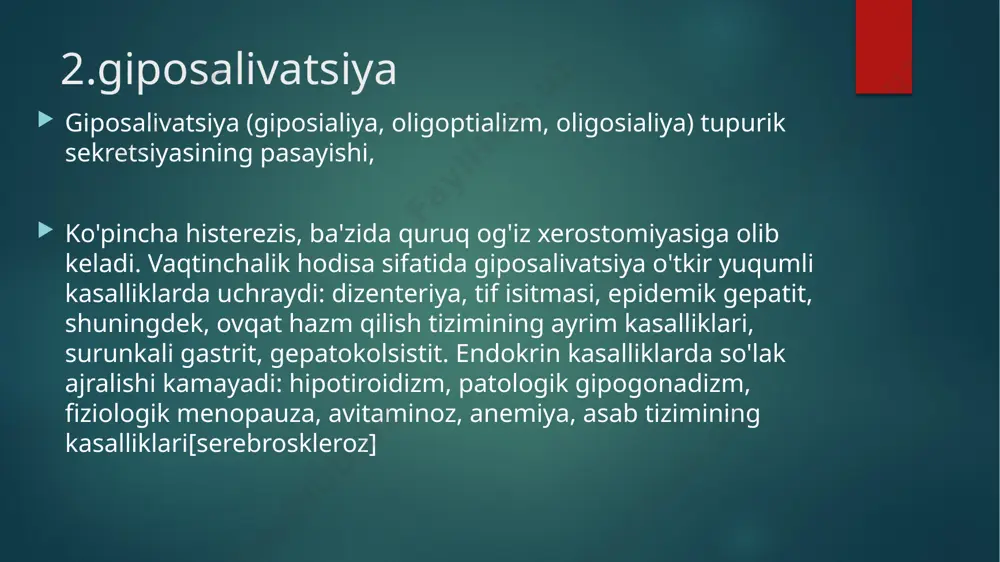 rlar hamma so`lak bezlarni shishganligiga shikoyat qiladilar. shish ustida teri rangi o`zgarmaydi, paypaslaganda har bir so'lak bezi kattalashganligi, zich bo`lganligi ganligi og`riq yo'qligi aniqlanadi. so'lak og'iz bo`shlig`ida yetarli darajada bo`ladi. kasallik uzoq davom etganida so`lak chiqishi kamayadi va surunkali interstitsial sialodenitga xos belgilar namoyon bo`ladi. sialografiya o`tkazilsa, bezlarning kattalashgani, parenximasi va so'lak yo'llarida o`zgarishsiz ekanligi aniqlanadi. kasallik rivojlangan sari bez o`zining tekis shaklini yo'qotadi. so'lak yo'llari torayadi. davolash so'lak bezida kechayotgan limfomatozni to'xtatish maqsadida rentgen nurlari bilan davolash tavsiya etiladi. so'lak bezlarining trofikasini yaxshilash maqsadida galantamin beriladi va novokain blokadalar o`tkaziladi. bezlarda yallig`lanish boshlansa so`lak yo'llariga bakteriofag, antibiotiklar, dimeksid bilan kompress va boshqalar. kompleks davolashda albatta organizmning reaktivligini oshirishga qaratilgan dori darmonlar tavsiya etiladi. image6.jpeg image7.png image8.png image9.png image5.jpeg image10.png image11.png image12.png image13.png image1.png image2.png image3.png image4.png /docprops/thumbnail.jpeg