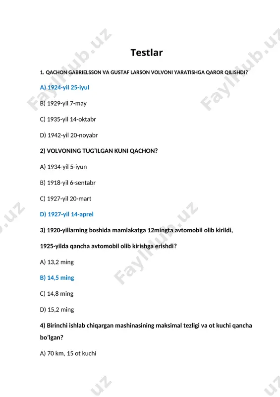 elgilang? a) uzluksiz oqim g'oyasi b) haqiqiy rahbar nafaqat vazifalarni qo'yadigan va qaror qabul qiladigan odamdir c) qisqa muddatli daromad yoqimli, lekin faqat unga e'tibor qaratish orqali biz kelajak haqida o'ylashni to'xtatamiz - kompaniya uchun ham, butun jamiyat uchun d) hamma chin ko’ngildan ishlab kompaniya ravnaqi uchun xizmat qilishi kerak 11) volvo o'z menejment tamoyillarini qanday usulda amalga oshiradi? a) hamma uchun bir xil kiyinish kodi; b) rahbarlar uchun ovqat zallari yoki oshxonalari yo‘q, hamma bir joyda ovqatlanadi c) menejerlar uchun maxsus ofislar yo'q: barcha stollar ochiq ofis maydonida joylashadi d) barcha javoblar to’g’ri 12) volvo o’zining menejmentida .......................... (politikani joylashtirish) deb nomlangan maqsadlarni moslashtirish usulidan foydalanadi. a) mitsuoka b) mitsubishi c) hoshin kanri d) daihatsu 13) 2020-yil oxirida volvo konserni qancha avtomobil sotishga muvofiq bo’ladi? a) 47 mln b) 42 mln c) 54 mln d) 35 mln 14) 2021-yilda volvo kompaniyasi qancha daromad oladi? a) 57 mlrd b) 54 …