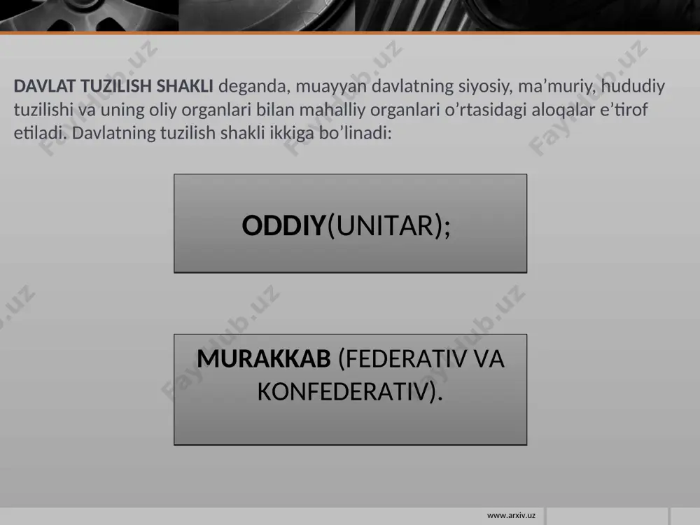 ridik belgilariga ega. ular: 1) monarx davlatni shaxsiylashtiradi; 2) monarx tashqi va ichki siyosatda davlat boshlig’i hisoblanadi; 3) monarx hokimiyati muqaddas va daxlsiz deb e’lon qilinadi; 4) hokimiyatni o’rnatish va qabul qilishning alohida tartibi mavjud; 5) monarx o’z faoliyati natijasi uchun yuridik jihatdan javobgar emas. monarxiya: monarxiyaning 3 turi mavjud: 1.mutlaq monarxiya 2. cheklangan monarxiya 3. noan’anaviy monarxiya www.arxiv.uz www.arxiv.uz mutlaq monarxiya shaklidagi boshqaruvning asosiy belgisi - monarxning to’la hokimiyatini cheklaydigan biron-bir davlat organi ning yo’qligidir. monarxiyaning yuridik xususiyatlari: hokimiyatdan muddatsiz, ya’ni umrbod foydalanish; - taxtni meros sifatida yoki qarindoshlik huquqi bo’yicha egallash; - tashqi aloqalarda kafolat (mandat) asosida emas, o’z shaxsiy huquqi bo’yicha vakillikni amalga oshirish; - davlat boshlig’i javobgarligining yo’qligi (faqat xudo oldida mas’ullik)dir. mutlaq monarxiya: www.arxiv.uz www.arxiv.uz mutlaq monarxiyadan farqli ravishda monarx hokimiyatining vakolatlari konstitutsiya va qonun asosida yoki davlatning biron-bir vakolatli idorasi tomonidan cheklangan bo’ladi. cheklangan monarxiya, o’z navbatida, dualistik va parlamentar turlarga bo’linadi. cheklangan monarxiya: …
