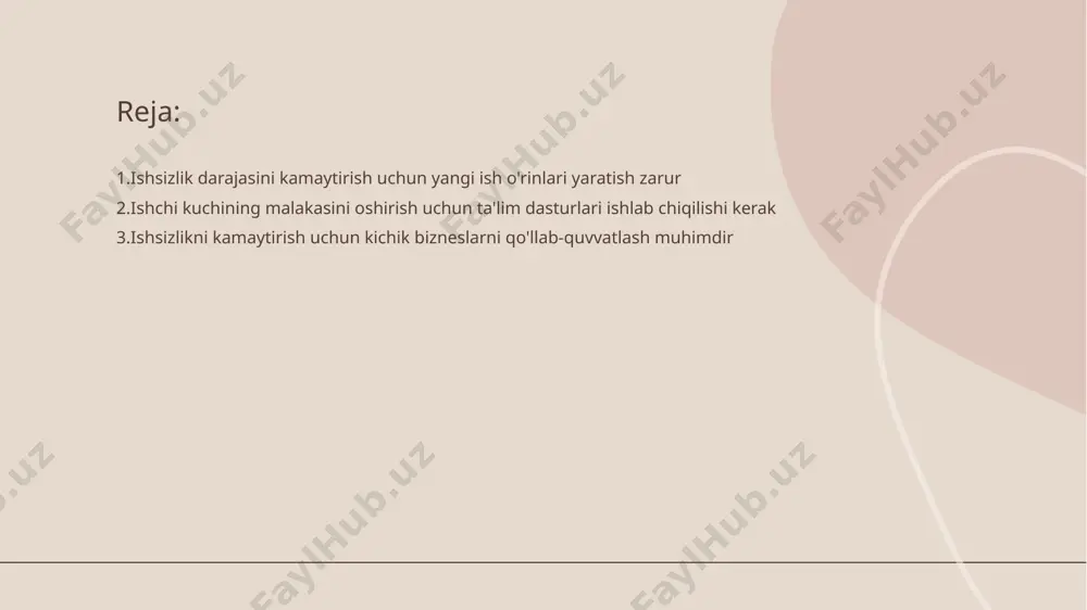 yaratish - kichik bizneslar yangi ish o'rinlarini taqdim etish orqali ishsizlik darajasini pasaytirish imkonini beradi bu esa jamiyatda iqtisodiy barqarorlikni ta'minlaydi. • mahalliy resurslardan foydalanish - kichik bizneslar mahalliy resurslarni samarali tarzda ishlatish orqali mahalliy aholini bandlik muammolarini hal qilishga qaratilgan dasturlarni amalga oshiradi. • innovatsion g'oyalar - kichik bizneslar innovatsion yondoshuvlarni ishlab chiqib yangi bozorlarga kirishi orqali iqtisodiy o'sishga hissa qo'shadi va ishsizlikni kamaytiradi. iqtisodiy o'sish uchun innovatsion texnologiyalarga investitsiya qilish kerak • innovatsion texnologiyalarning ahamiyati - innovatsion texnologiyalar iqtisodiy o'sishning asosiy manbai bo'lib, yangi va samarali usullarda resurslarni ishlatishni ta'minlaydi • sanoatda yangiliklarni joriy etish - sanoat sektori innovatsiyalarni joriy etish orqali ishlab chiqarishni oshiradi va raqobatbardoshligini kuchaytiradi ishchilarni qayta tayyorlash dasturlari ish o'rinlarini saqlashga yordam beradi • qayta tayyorlashning ahamiyati - ishchilarni qayta tayyorlash dasturlari yangi texnologiyalar va ish jarayonlari to'g'risida bilimlarni oshirishga yordam beradi • ish o'rinlarini saqlash - muammoni hal etish va yangi ish o'rinlarini …