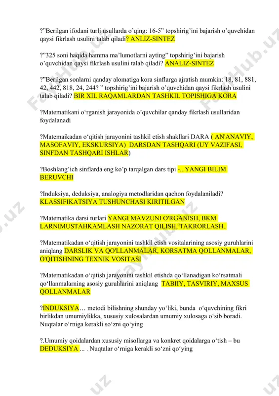 tikadan o‘qitish jarayonini tashkil etish vositalarining asosiy guruhlarini aniqlang darslik va qo'llanmalar, korsatma qollanmalar, o'qitishning texnik vositasi ?matematikadan o‘qitish jarayonini tashkil etishda qoʻllanadigan koʻrsatmali qoʻllanmalarning asosiy guruhlarini aniqlang tabiiy, tasviriy, maxsus qollanmalar ?induksiya… metodi bilishning shunday yoʻliki, bunda oʻquvchining fikri birlikdan umumiylikka, xususiy xulosalardan umumiy xulosaga oʻsib boradi. nuqtalar oʻrniga kerakli soʻzni qoʻying ?.umumiy qoidalardan xususiy misollarga va konkret qoidalarga oʻtish – bu deduksiya ... . nuqtalar oʻrniga kerakli soʻzni qoʻying ? .analogiya.. xususiydan xususiyga boradigan, bir konkret faktdan boshqa konkret faktlarga boradigan xulosadir. nuqtalar oʻrniga kerakli soʻzni qoʻying. ?butunni uning tashkil etuvchi qismlariga ajratishga yoʻnaltirilgan fikrlash (tafakkur) usuli nima deb ataladi analiz ? predmetlar yoki xodisalar orasida bogʻlanishlar oʻrnatishga yoʻnaltirilgan tafakkur usuli nima deb ataladi sintez ?nomerlash mazmuni nimadan iborat sonalrni hosil qilish, nomlash, yozish, taqqoslash ?nomerlashning qanday turlari bor og'zaki va yozma ?100 ichidа nomerlаsh bosqichlаri 1 tadan qoshish orqali 10 soni hosil qilinadi, 10 ta sanoq chopi …