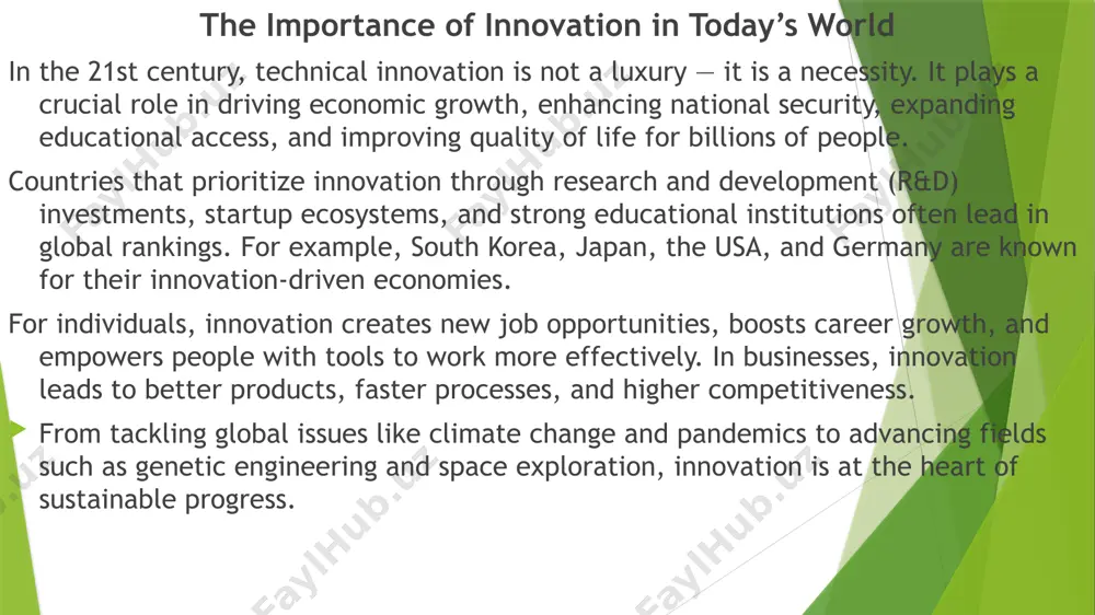 ot realize how deeply innovation is embedded in their daily routines. from the moment we wake up to the time we sleep, we interact with dozens of technical innovations: smartphones serve as phones, cameras, calendars, and mini-computers. digital assistants like siri or alexa help manage schedules and answer questions. online banking and e-wallets allow fast and secure transactions without cash. navigation apps like google maps help us avoid traffic and find locations instantly. smart home technology enables voice-controlled lights, alarms, and appliances. even small innovations, like automated vacuum cleaners, water-saving toilets, and noise-canceling headphones, make daily tasks more efficient and comfortable. as these technologies become more affordable, their impact continues to grow. innovation in education and learning education is one of the sectors most positively impacted by technical innovation. traditional classrooms have transformed into interactive, digital learning environments thanks to: e-learning platforms like coursera, khan academy, and edx, which offer …