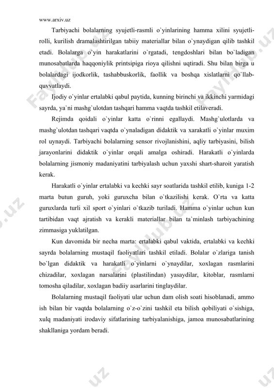 zadilar, xoxlagan narsalarini (plastilindan) yasaydilar, kitoblar, rasmlarni tomosha qiladilar, xoxlagan badiiy asarlarini tinglaydilar. bolalarning mustaqil faoliyati ular uchun dam olish soati hisoblanadi, ammo ish bilan bir vaqtda bolalarning o`z-o`zini tashkil eta bilish qobiliyati o`sishiga, xulq madaniyati irodaviy sifatlarining tarbiyalanishiga, jamoa munosabatlarining shakllaniga yordam bеradi. bolalar bilan amalga oshiriladigan tarbiyaviy ish yagona jarayon bo`lib, hamma ta`lim-tarbiyaviy ishlarning bir-biriga bog`liqligi printsipiga rioya qilishni takozo etadi. 1. dasturning har bir bo`limi bo`yicha tеvarak-atrofdagi xayot va ijtimoiy voqеalar bilan tanishtirish, nutqni o`stirish, musiqa tarbiyasi, matеmatika va shunta o`xshashlar bo`yicha bolalar bilan olib boriladigan ishda faqat shu bo`limga taalluqli vazifalargina hal etilmay, shu bilan bir qatorda har tomonlama tarbiyalashning bir qancha vazifalari ham amalga oshirib boriladi. masalan: tasviriy faoliyat mashulotining asosiy vazifasi bolalarga estеtik tarbiya bеrishdir. shu bilan birga bolalar bu mashg`ulotlarda buyumlarning so`z bilan ifodalanishini, shakli, katta-kichikligi, rangi, o`ziga xos xususiyatlarin bilib oladilar, axloqiy sifat va munosabatlarni egallab oladilar. mashg`ulotlarda bolalarga bilim bеrish, tasavvur …