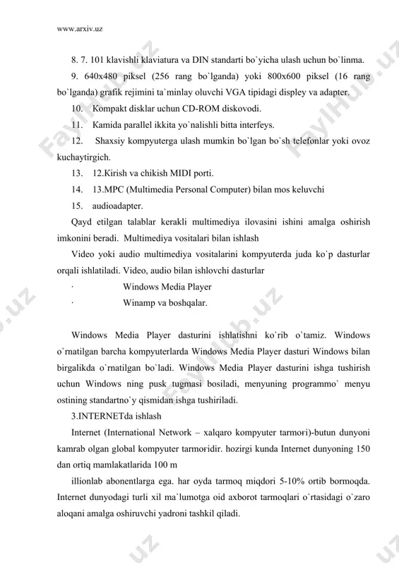 yangi ilmiy yangiliklardan tortib, to ertangi kungi ob-havo ma`lumotigacha bilib olish mumkin. ayniqsa, kommunikasiyaga muhtoj shaxslar, tashkilot, muassasalar uchun ko`pincha telefon orqali to`ғridan-to`ғri aloqaga nisbatan internet infrastrukturasidan foydalanish anchagina arzon tushadi. bu narsa, ayniqsa, chet ellarda filiallari mavjud bo`lgan firmalar uchun qulaydir, chunki internet ning konfidensial noyob aloqalari butun dunyo bo`yicha imkoniyatga ega. shu bilan birga yana bir narsani aytish lozimki, yaqindan beri bosma nashrlarni kompyuter tarmoғi kanali orqali tarqatish boshlandi. tez-tez bizga kerakli gazeta va jurnallarimizning oxirgi ma`lumotlarini www so`zlaridan boshlangan manzilda ko`rish va uni shu manzildan nusxasini ko`rib olish mumkin degan so`zlar ko`proq uchrab turibdi. shu bilan birga elektron nashrlar tushunchalarining qamrovi oyma-oy kengayib bormoqda. yangi-yangi elektron usulda chop etilgan jurnallar paydo bo`lmoqda. internet bilan ishlash uchun biz ishlayotgan kompyuter avvalom bor internet tarmoғiga ulangan bo`lishi kerak. ushbu qismda internetga ulanish usullari ko`riladi. internetga telefon orqali ulanish. internetga ulanish usullari ko`p va ular takomillashib turadi. telefon orqali internet …