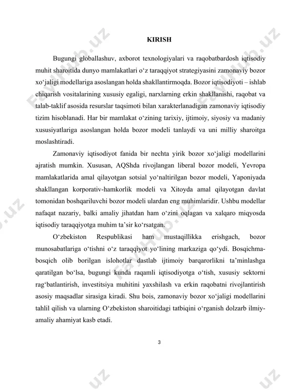 va avstraliya – barchasi barqaror, raqobatbardosh va ilg‘or bozor xo‘jaligi modellarini muvaffaqiyatli joriy qilgan mamlakatlardir. bozor xo‘jaligi modelining zarurati birinchi navbatda ishlab chiqarish samaradorligini oshirish va resurslardan oqilona foydalanish bilan bog‘liq. masalan, jahon bankining 2023-yilgi hisobotida keltirilishicha, bozor mexanizmlarini chuqurroq joriy qilgan davlatlarda umumiy mahsulot hajmining o‘rtacha yillik o‘sish sur’ati 5-7% atrofida bo‘lgan. bu esa boshqaruv tizimi asosan byurokratik va markazlashgan bo‘lgan davlatlarga nisbatan 2-3 barobar yuqori ko‘rsatkichdir. shuningdek, bozor modeli tadbirkorlikni rag‘batlantiradi. masalan, jahon iqtisodiy forumining 2023-yilgi "global entrepreneurship monitor" hisobotiga ko‘ra, aqshda aholining 15,6 foizi faol tadbirkorlik bilan shug‘ullansa, bu ko‘rsatkich yevropa ittifoqi mamlakatlarida o‘rtacha 9,2 foizni tashkil qilgan. bu farq mamlakatlar o‘z iqtisodiy modellarida tadbirkorlikni qanchalik qo‘llab-quvvatlashiga bog‘liqdir. 1.1-diagramma 1.1-diagramma.2027 yilga kelib o‘zbekistonda elektron tijorat bozori o‘sishi prognozi[footnoteref:1] [1: https://www.gazeta.uz/media/img/2023/08/boblct16929465226963_l.jpg ] bozor xo‘jaligi modeli davlat aralashuvining qamroviga qarab ham farqlanadi. masalan, skandinaviya mamlakatlarida (shvetsiya, norvegiya, daniya) bozor asosida erkin narx shakllanishi saqlab qolinadi, ammo sog‘liqni saqlash, ta’lim …