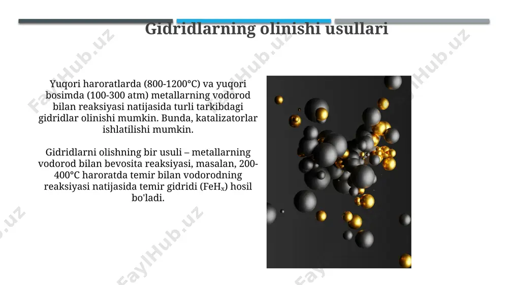 shda qo'llaniladi, masalan, 1000°c da titanium gidridining titaniumga parchalanishi yuqori tozalikdagi titanium olishga imkon beradi. no-metall gidridlari nodir yer metallari gidridlari (reh₂, re – rare earth element) o'ziga xos kristall tuzilishiga ega bo'lib, ularning elektr o'tkazuvchanligi va magnit xossalari temperaturaga bog'liq holda o'zgaradi. nodir metall gidridlari, masalan, lih va nah, juda kuchli reduktorlar bo'lib, ularning gidrid ionlari (h⁻) yuqori reaktivlikka ega va organik sintezda keng qo'llaniladi. gidridlarning kimyoviy xossalari gidridlarning ko'pchiligi yuqori reaktivlikka ega bo'lib, havo bilan reaksiyaga kirishib, oson yonuvchan yoki portlovchi birikmalar hosil qiladi, masalan, natriy gidridi (nah) suv bilan reaksiyaga kirishib, vodorod gazi ajratib chiqaradi. gidridlarning kislotali-ishqoriy xossalari juda xilma-xildir; ba'zilari kuchli asoslar (masalan, lih), ba'zilari esa kuchli kislotalar (masalan, hf) bo'lishi mumkin. ularning xossalari gidrid hosil qiluvchi elementning elektr manfiyligiga bog'liq. e'tiboringiz uchun rahmat @taqdimot_robot image1.jpg image2.jpg image3.jpg image4.jpg image5.jpg image6.jpg image7.jpg image8.jpg image9.jpg image10.jpg image11.jpg