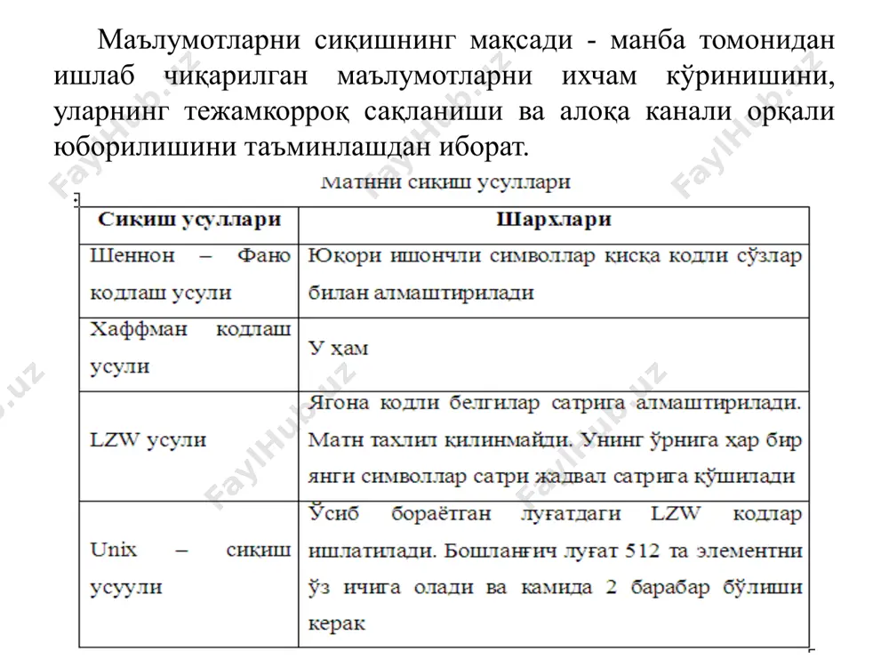 илиш орқали кодлаштириш алгоритмлари сифатида хаффман ва арифметик кодлаштириш усуллари қўлланилади. йўқотишли сиқиш алгоритмлари маълум бир усулда сиқилган (компрессияланган) маълумот декомпрессияланганида бирламчи маълумотдан маълум бир даражада фарқланади, яъни декомпрессияланган маълумотдан кейинчалик фойдаланиш мумкин. бу турдаги сиқиш алгоритмлари: аудио, видео маълумотларини; статик тасвирларни; интернет маълумотларини; маълумот оқимларини узатишда ва рақамли телефонияда қўлланилади йўқотишли сиқишнинг икки хил схемаси мавжуд: трансформация қиладиган кодекларда тасвир ёки товуш фреймлари янги бир муҳитга трансформацияланади ва квантлаш операцияси бажарилади. трансформациялаш жараёни бутун фрейм доирасида амалга оширилиши мумкин (wavelet- алгоритми асосида трансформациялаш); фреймни блокларга бўлиб, блоклар доирасида трансформациялаш (jpeg – алгоритмии бўйича). трансформацияланган маълумот энтропия усуллари негизида сиқилади. йўқотишли ва йўқотишсиз сиқиш алгоритмларининг қиёсий таҳлили йўқотишли сиқиш алгоритмларининг йўқотишсиз сиқиш алгоритмларидан афзаллиги шундан иборатки, бунда қўйилган талабларга жавоб берган ҳолда маълумотни сиқиш даражаси анча юқори, яъни декомпрессияланган маълумот инсон сезгирлик даражасида бўлади. йўқотишли сиқиш алгоритмлари кўпинча аналог маълумотларни сиқишда қўлланилади, яъни товуш ва тасвир маълумотларини. бунда декомпрессияланган маълумот …