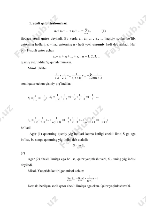 inlashishining alomatlari musbat hadli sonli qatorlar uchun quyidagi yaqinlashish va uzoqlashish alomatlarini keltiramiz. 1) taqqoslash alomati. musbat hadli ikkita a1 + a2 + ... + an + ... = (3) b1 + b2 + ... + bn + ... = (4) sonli qator uchun, biror n nomerdan boshlab an bn tengsizlik bajarilsa, u holda: a) (4) qatorning yaqinlashishidan (3) qatorning ham yaqinlashishi; (3) qatorning uzoqlashishidan (4) qatorning ham uzoqlashishi kelib chiqadi. b) (3) va (4) sonli qatorlarning umumiy hadlari uchun mavjud va 0 1 da esa uzoqlashadi, k = 1 da qatorning yaqinlashish masalasi ochiq qoladi. misol. ushbu sonli qatorni koshi alomati yordamida yaqinlashishga tekshiring. yechish. koshi alomatiga ko`ra, demak, k 1 da uzoqlashadi va d = 1 da qatorning yaqinlashish masalasi ochiq qoladi. misol. ushbu sonli qatorni yaqinlashishga tekshiring. yechish. dalamber alomatiga ko`ra, bo`lgani uchun berilgan sonli qator yaqinlashuvchi bo`ladi. 4) koshining integral alomati. agar (3) sonli qatorning hadlari …