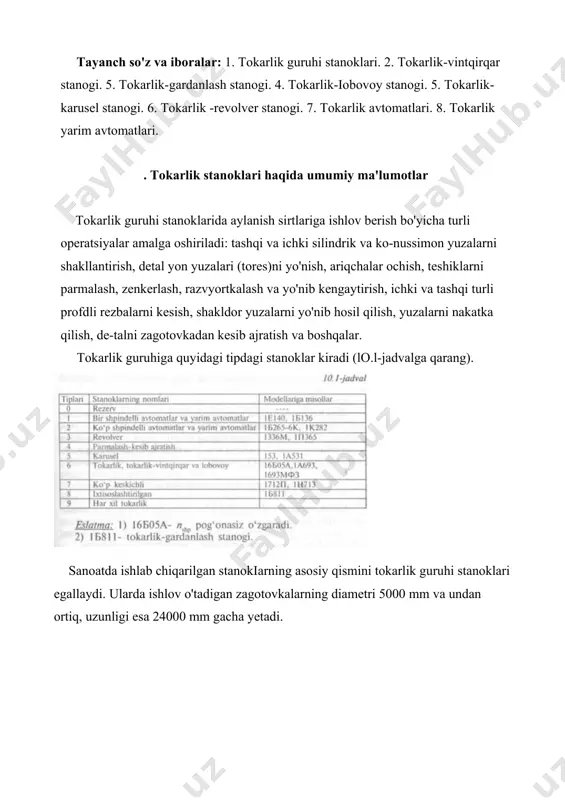'naltiruvchilarga ega). 2. oldingi babka (unga tezliklar qutisi o'rnatilgan). 3. surishlar qutisi. 4. orqa babka (aerostatik tayanchga ega—havo yostiqchasidajoy-lashtirilgan). 5. support (unda keskich ushlagich va markaziy asboblar ushlagi-chi joylashgan). 6. fartuk (uning ichida supportning surish mexanizmijoylashgan). 7. ayrim xarakterli detallari: shpindel, yurgizish vinti, yurgizish vali va reyka. stanokdagi harakatlar: bosh -shpindelning zagotovka bilan birga aylanma hara​kati. shpindelning aylanish chastotasi sonlari 22 ta ayl/min,shpindelning to'g'ri va teskan yo'nalishdagi aylanishlari quyidagi tenglama orqali ifodalanadi (stanokning kine​matik sxemasiga qarang [3, 265-bet]): surish —shpindelning bir marta aylanishiga mos keladi-gan supportning bo'ylamava salazkalarning ko'ndalang yo'nalishdagi (sk) siljishidir ayl). bo'ylama surish kinematik balansi tenglamasi quyidagicha: ko'ndalang surish rezba kesish. stanokda metrik, dyumli, modulli va pitch rezba-larini kesish mumkin. keskich yordamida rezba kesishda support su​rish harakatini yurgizish vintidan oladi (bunda mufta m5 ulanadi). rezba kesishda kinematik balans tenglamasi kesilayotgan rezba qadami tr uchun quyidagicha yoziladi: bundan almashinuvchi g'ildiraklar uzatish nisbati bu yerda:shpindel va yurgizish vinti orasidagi o'zgarmas …
