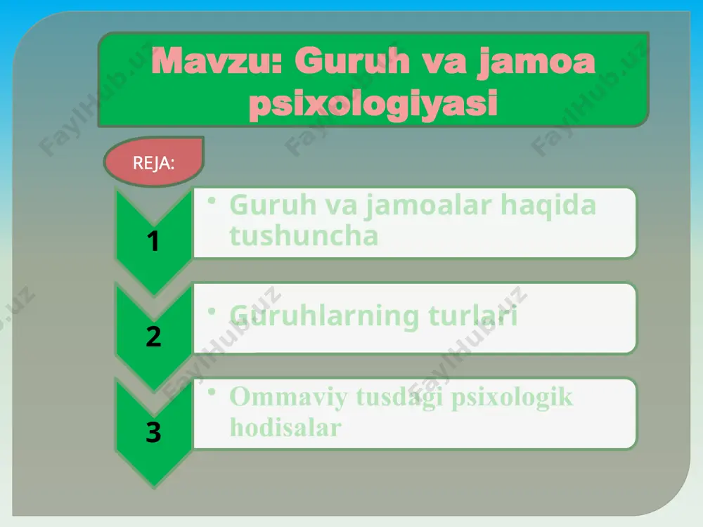 sligi mumkin. shaxsning o`z referent guruhi ham bo`ladi, bu kompaniya bo`lishi mumkin. referent guruhdagi kishilar shaxsga har tomonlama yoqadi, ularni hurmat qiladi, gaplariga quloq soladi. masalan: bola ota - onasining so`ziga kirmasligi, maktabda o`qituvchining gapiga kirmasligi mumkin. ammo u referent guruhdagi boshliqning gapiga so`zsiz itoat qiladi. shuning uchun tarbiyachi, ota - ona agar bolani tarbiyalay olmasalar, uning referent guruhini aniqlab, shu guruhning sardori orqali ta`sir etishlari mumkin. odatda guruhlar tasodifan to`planib qolgan kishilardan ham tashqil topishi mumkin. masalan: poezd kupesida, avtobusda uzoq safarga ketayotgan kishilar, kasalxonada yoki sanatoriyada davolanayotgan kishilar guruh bo`lishi mumkin. bunday guruhlar norasmiy guruh deyiladi. guruhdagi shaxslararo munosabatlar odamning xatti - harakati ijtimoiy muhitning ta`siriga bog`liqdir. kishining shaxs sifatida taqi olam bilan bo`lgan o`zaro munosabatlari ularning ishlab chiqarish faoliyatlarida odamlar o`rtasida shakllanadigan munosabatlarda yuzaga kelgan. ijtimoiy hayot davomida va ishlab chiqarishda odamlar o`rtasida ob`ektiv tarzda yuzaga keladigan real aloqa va munosabatlar odamlarning sub`ektiv munosabatlarida namoyon bo`ladi. masalan: …