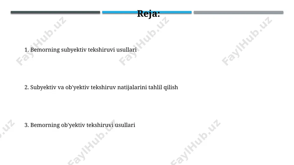 sh diagnostika jarayonida muhim ahamiyat kasb etadi. laboratoriya tekshiruvlari siydik tahlili (umumiy tahlil, bakteriyalarni ekish) siydik yo'llari infektsiyalarini aniqlashda yordam beradi va leykotsitlar soni, bakteriyalar mavjudligi kabi ko'rsatkichlarni o'z ichiga oladi. qonning koagulyatsiya tizimi tekshiruvlari (inr, protrombin vaqt) tromboz yoki qon ketish xavfini aniqlashda muhim bo'lib, natijalar 1-15 soniya oralig'ida o'zgarib turadi. ob’yektiv tekshiruv: oshqozon-ichak tizimi oshqozon-ichak tizimining ob’yektiv tekshiruvida palpatsiya orqali jigar va taloqning kattaligi, zichligi va sirtini aniqlash, taxminan 1-2 sm dan oshgan o'zgarishlarni aniqlash muhimdir. auskultatsiya orqali ichak peristaltikasi faolligini baholash, normal 5-30 marta/ daqiqada bo'lishi, shuningdek, patologik shovqinlar (masalan, shovqinlar, hushtaklar) mavjudligini aniqlash mumkin. davolash davolash rejasini tuzishda bemorning yoshi (yosh guruhi), jinsi va boshqa demografik ma'lumotlar, shuningdek, kasallik tarixi (anamnez) kabi omillarni hisobga olish muhimdir. ob'ektiv tekshiruv usullari, masalan, qon bosimi (mmhg) va puls (ura/min) ko'rsatkichlarini o'lchash, davolashning fiziologik ta'sirini kuzatish va bemorning ahvolini ob'ektiv baholash imkonini beradi. ob’yektiv tekshiruv: umumiy ko‘rik umumiy ko‘rik davomida …