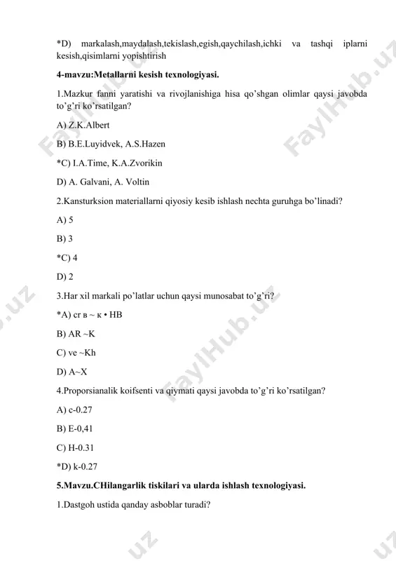 ining bajarilishi tez va sifatli, teshiklarning aniq o‘lchamli chiqishi, ish unumining yuqor bo‘lishi ko‘p jihatdan farq qiladi d) kesuvchi qirralar bir xil uzunlikda chiqmaydi 2. zenkovki va tanga nimaga qarab tanlanadi? a) ish qismining materiallari va etishtirish tabiati bo'yicha tanlanadi b) ish qismining materiallari mustahkamligiga qarab tanlanadi *c) tanaffusning o'lchami, diametri, ishning aniqligi. d) ish qismini diametiriga qarab tanlanadi 3. 80-mm bolgan teshiklarda qanday nozullar ishlatiladi? a) diametri 32-90 mm bo'lgan nozullar ishlatiladi. *b) diametri 32-80 mm bo'lgan nozullar ishlatiladi c) diametri 33-80 mm bo'lgan nozullar ishlatiladi. d) diametri 33-90 mm bo'lgan nozullar ishlatiladi. 4. . agar ochilishni joylashtirish bo'lsa, qurilmaning diametri qanchaga kamayadi? a) 0.5-0.2sm b) 0.5-0.2 mm c) 0.15-0.3 sm *d) 0.15-0.3 mm 9-mavza:metallarni egish va bukish. 1.bukish qanday asboblar bilan amalga oshiriladi? *a) tiskida, maxsus opravkalar va maxsus uskunalar yordamida b) burusokdan foydalaniladi c) otborovkadan foydalaniladi d) zagatofkalardan foydalaniladi 2.kengroq bo’lgan tunikani bukishda qanday moslamadan foydalaniladi? a) …