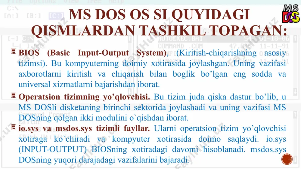 a‘zan ms dos ning taqlifi joriy disk va katalog haqidagi ma‘lumotni uz ichiga oladi. masalan: с:\> - с disk, tub katalog; c:\nc > - c:. diskdagi nc katalog tushiniladi. c:\st\100\l1\lara.txt c:\st\151\z1v14.pas ms dos ishga tayyor bo’lganda foydalanuvchini mulokotga quyidagicha taqlif qiladi: a\> yoki с:\> bu ms dos ning komandalarni qabul qilishga tayyorligini ko’rsatadi. ba‘zan ms dos ning taqlifi joriy disk va katalog haqidagi ma‘lumotni uz ichiga oladi. masalan: с:\> - с disk, tub katalog; c:\nc > - c:. diskdagi nc katalog tushiniladi. fayl spetsifikatsiyasi. tashqi qurilmalar bilan o'zaro aloqa qilish tizimi shu maqsadda drayverlar kengaytmali fayllarda saqlanadi: sys com exe. masalan: rk.com keyrus.com buyruq protsessori barcha tizim buyruqlarini ikki sinfga bo'lish mumkin: ichki va tashqi. ichki buyruqlar buyruq protsessoriga kiritilgan dastur tomonidan bajariladi (command.com) tashqi buyruqlar buyruq bilan bir xil nomdagi faylda alohida saqlanadigan o'z dasturi tomonidan bajariladi. masalan: disk formati buyrug’i: format. dir cls tashqi buyruqlar alohida-alohida fayl ko’rinishida …