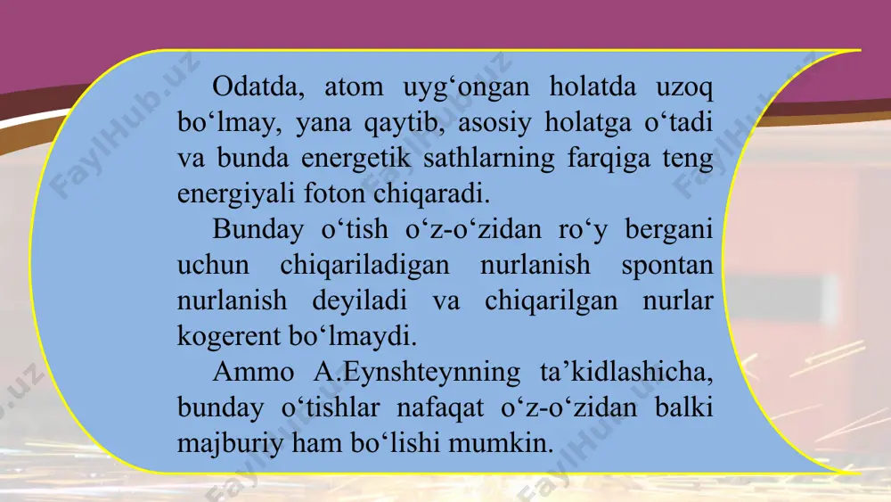 tronika, poligrafiya kabi nozik sohalarda, balki mashinasozlik, avtomobilsozlik, qurilish materiallarini ishlab chiqarishda ham bajariladi. lazer nurlari buyumlardagi nuqsonlarni aniqlash, kimyoviy reaksiyalar mexanizmini o‘rganish va ularni tezlashtirish, o‘ta toza materiallarni hosil qilishda ham juda yaxshi yordamchidir. hozir lazer yordamida izotoplar, jumladan, uran izotoplari ajratib olinmoqda. lazer o‘lchov ishlarida ham juda keng qo‘llaniladi. ular yordamida uzoqdan turib ko‘chishlarni, muhitning sindirish ko‘rsatkichini, bosimni, temperaturani o‘lchash mumkin. lazer nuri yerdan oygacha bo‘lgan masofani aniqlashtirishga, oy xaritasiga aniqliklar kiritishga yordam berdi. lazer tibbiyotda ham juda keng qo‘llanilmoqda. u qon chiqarmaydigan pichoq vazifasini bajarib, kishilarning umrini uzaytirishga, ko‘rish qobiliyatini tiklashga xizmat qilmoqda. lazer qo‘llanadigan istiqbolli sohalardan yana biri – yuqori temperaturali plazma hosil qilishdir. bu soha termoyadro sintezini lazer bilan boshqarish yo‘lida yaxshigina imkoniyatlar ochgani sababli olimlarning diqqat markazida turibdi. lazerli disklar tushunchasi kompyuterda ishlovchilar va musiqasevarlar kundalik hayotining ajralmas qismiga aylanib qoldi. hozirgi paytda lazerning qo‘llanilish sohasi shu qadar ko‘pki, ularning hammasiga to‘xtalib o‘tishning imkoni …