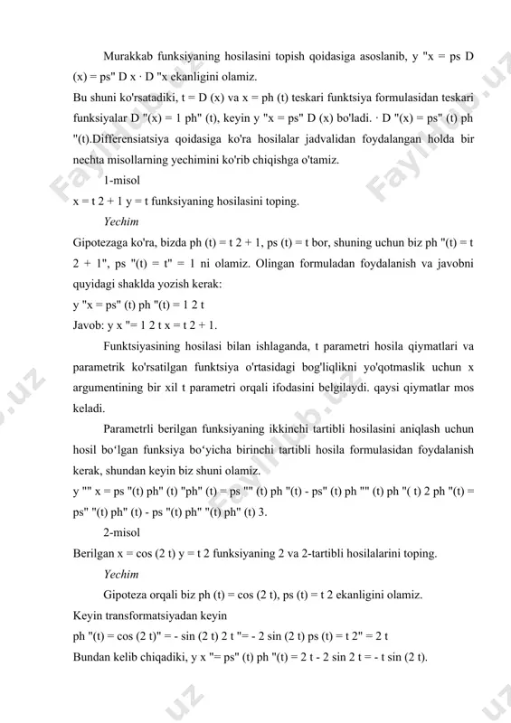 (2 t) - 2 t cos (2 t) 2 sin 3 (2 t) shunga o'xshash yechim boshqa usul bilan hal qilinishi mumkin. keyin ph "t = (cos (2 t))" = - sin (2 t) 2 t "= - 2 sin (2 t) ⇒ ph" "t = - 2 sin (2 t)" = - 2 sin (2) t) "= - 2 cos (2 t) · (2 ​​t)" = - 4 cos (2 t) ps "(t) = (t 2)" = 2 t ⇒ ps "" (t) = ( 2 t) "= 2 shuning uchun biz buni olamiz y "" x = ps "" (t) ph "(t) - ps" (t) ph "" (t) ph "(t) 3 = 2 · - 2 sin (2 t) - 2 t · (- 4 cos (2 t)) - 2 sin 2 t 3 = = sin (2 t) - 2 t cos (2 t) 2 sin 3 …