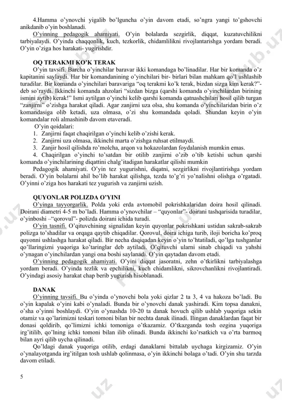 raqamlar bilan begilanadi.ayni payitda shu chiziqlar ochkolar sonini bildiradi, yahni bolalar qaysi chiziqqa sakrasalar, shucha ochko oladi. o’yin paytida 3-4 ta hakam saylanadi. o’yining tavsifi. o’qituvchini signalidan so’ng birinchi o’yinchilar start chizig’idan iloji boricha uzoqroqqa sakrashga harakat qiladilar. keyin ikkinchi, o’yinchi va hokazo bolalar sakraydilar. hakamlar ochkolar sonini hisoblab chiqib har bir komanda qancha ochko to’plaganini aniqlaydilar va yutgan komandani e’lon qiladi. pedagogik ahamiyati. o’yin bolalarda turgan joydan uzunlikka sakrash malakasini takomillashtirishga yordam beradi. o’yin diqqatni, ziyraklikni, shijotlilikni, shaylikni rivojlantiradi. o’yin o’zini va o’rtoqlarini kuchiga ijibiy baho berishni rivojlantiradi. o’yinlagi asosiy harakatni turgan joyidan uzunlikka sakrashdir. signalni eshit. o’yinning tavsifi. sinf o’quvchilari qolonna bo’lib maydon bo’ylab harakat qiladilar. o’qituvchi bitta chapak chalganda hamma o’quvchilar qo’llarini bellariga ko’yadilar, ikkita chapak chalganda esa qo’llarini oldinga uzatadilar. yanglishgan o’quvchilar qolonna ohiriga o’tib, o’yinda yana qatnasha boshlaydilar. endi mashqlar uzgartirib yuboriladi. qolonnada uz o’rnini tark etmagan o’quvchilar g’olib hisoblanadilar. pedagogik ahamiyati. o’yin yugurish, tezlikni, …