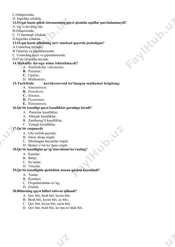 slangan buyumlar orqali; 1. bеmor o’rin ko’rpasi orqali. 18.qo’tir kasalligini qo’zg’atuvchisini ko’rsating? 1. kanalar; 1. bitlar; 1. so’nalar; 1. viruzlar. 19.qo’tir kasalligida qichishish asosan qachon kuzatiladi? 1. tunda; 1. kunduzi; 1. ovqatlanishdan so’ng; 1. ertalab. 20.bitlarning qaysi hillari tafovut qilinadi? 1. qov biti, bosh biti, kiyim biti; 1. bosh biti, kiyim biti, uy biti; 1. qov biti, kiyim biti, taxta biti; 1. qov biti, bosh biti, ko’rpa-to’shak biti.
