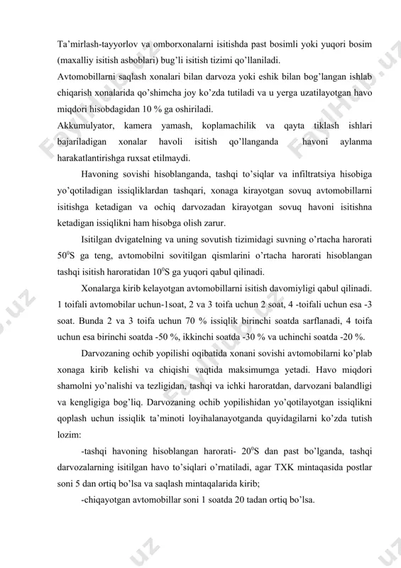 sizligi bilan ajralib turadi, ularning kamchiligi esa faqat kichik foydali ish koeffitsiyenti va shovqinidir. atxkslarida ayrim texnologik operatsiyalarni bajarish uchun bu uskuna va asboblardan foydalaniladi. atxksni siqilgan havoga bo’lgan extiyoji quyidagicha aniqlanadi: , m3/min, bu yerda: g – siqilgan havo bilan ishlovchi barcha uskunalar, dastgohlar va qurilmalar tomonidan jami iste’mol qilinadigan havo hajmi, m3/min; e - bir vaqtda foydalanish koeffitsiyenti (istemolchilar soniga bog’liq- 0,9…0,52, iste’molchilar ko’payishi bilan u kichiklashadi); a – havo magistrallaridagi nojipslik natijasidagi yo’qotilish koeffitsenti – 1,1 …1,3. bir vaqtda foydalanish koeffitsiyenti miqdorlari 9.2-jadvalda keltirilgan 9.2-jadval iste’molchilar soni 1 2-3 4-6 7-10 11-20 21-40 40 dan ziyod bir vaqtda foydalanish koeffitsiyenti 1 0,9 0,8 0,78-0,7 0,7-0,6 0,55-0,52 0,5dan ziyod siqilgan havo bilan ishlovchi uskunalar, dastgohlar va qurilmalar tomonidan iste’mol qilinadigan havo hajmlari 9.3-jadvalda keltirilgan. atxkslarida siqilgan havoni yetkazib berish maqsadida porshenli kompressorlardan foydalaniladi (bosim 0.6…1.0 mpa). 9.3-jadval uskuna, dastgoh va qurilma nomi havo iste’moli pardozlovchi mashina 0,5-0,7 yo’nuvchi …