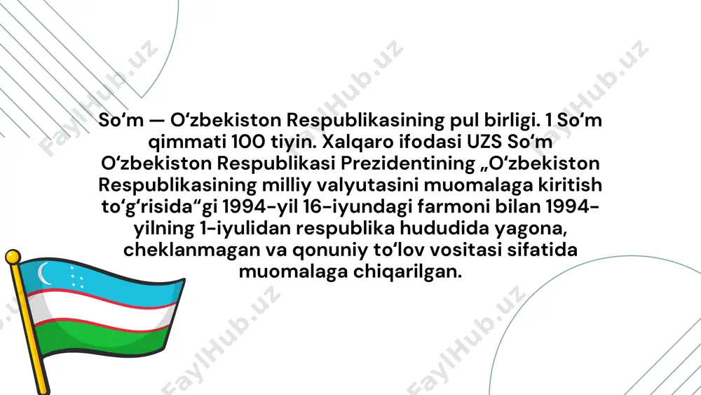 muomalaga chiqarishini bildirdi.[3]. 2017-yil 20-fevralda oʻzbekiston respublikasi oliy majlisi senati kengashining „oʻzbekiston respublikasi markaziy banki tomonidan 10000 soʻmlik banknotlarning chiqarilishi toʻgʻrisida“gi qarori qabul qilindi[4]. 2021-yil 14-iyundan 2000 va 20000 soʻmlik banknotlar muomalaga chiqarildi etiboringiz uchun raxmat