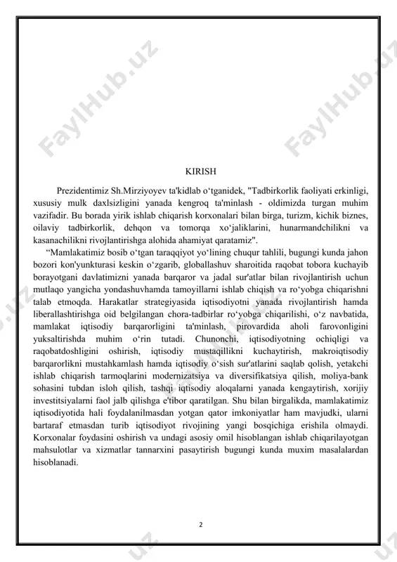 shligini oshirish, iqtisodiy mustaqillikni kuchaytirish, makroiqtisodiy barqarorlikni mustahkamlash hamda iqtisodiy o‘sish sur'atlarini saqlab qolish, yetakchi ishlab chiqarish tarmoqlarini modernizatsiya va diversifikatsiya qilish, moliya-bank sohasini tubdan isloh qilish, tashqi iqtisodiy aloqalarni yanada kengaytirish, xorijiy investitsiyalarni faol jalb qilishga e'tibor qaratilgan. shu bilan birgalikda, mamlakatimiz iqtisodiyotida hali foydalanilmasdan yotgan qator imkoniyatlar ham mavjudki, ularni bartaraf etmasdan turib iqtisodiyot rivojining yangi bosqichiga erishila olmaydi. korxonalar foydasini oshirish va undagi asosiy omil hisoblangan ishlab chiqarilayotgan mahsulotlar va xizmatlar tannarxini pasaytirish bugungi kunda muxim masalalardan hisoblanadi. o‘zbekiston respublikasi prezidenti sh.mirziyoyevning oliy majlisga murojaatnomasi iqtisodiyot va boshqaruv faoliyatining nisbatan eskirganligi, resurslardan foydalanish darajasining pastligi va bu tannarxni kamaytirishga hamda foydani oshirishga imkon bermayotganligi ta'kidlab o‘tildi: “iqtisodiyot - bu hisob-kitob degani. har bir ishimizda puxta hisob-kitob birinchi o‘rinda turishi lozim. aks holda, hamma ishimiz eski hammom, eski tos bo‘lib qolaveradi. bozor sharoitida mahsulot yetkazib beruvchi ham, iste'molchi ham shartnoma majburiyatini to‘liq bajarishi kerak. aks holda, bir joyda …