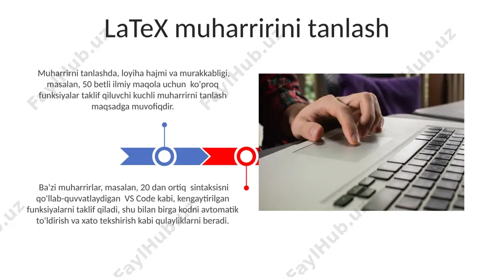 izim bo'lib, 1000 dan ortiq matematik belgilarni qo'llab-quvvatlaydi. latex kompyuterda kod yozish orqali hujjatlar yaratishga asoslangan bo'lib, turli xil paketlar yordamida 20 dan ortiq hujjat turlarini (masalan, maqolalar, kitoblar, prezentatsiyalar) tayyorlash imkonini beradi. adabiyotlar ro'yxatini yaratish adabiyotlar ro'yxatini yaratishda bibtex keng qo'llaniladi, u 1000 dan ortiq manbani osongina boshqarish imkonini beradi va xatoliklarni kamaytiradi. har bir adabiyot uchun kerakli ma'lumotlarni (muallif, sarlavha, jurnal nomi, yil va boshqalarni) to'g'ri kiritish muhim, chunki 2-3 ta xatolik butun ro'yxatni buzishi mumkin. asoslar: \documentclass, \begin{document}, \end{document} `\begin{document}` va `\end{document}` buyruqlari latex kodining asosiy tarkibini o'rab oladi. ushbu buyruqlar orasidagi matn, formulalar va boshqa elementlar hujjatga kiritiladi, taxminan 20 dan ortiq sahifani egallaydigan katta hujjat ham bo'lishi mumkin. `\documentclass` buyrug'i latex hujjatining asosiy tuzilmasini, masalan, 11-punktli times new roman shriftini yoki "article" kabi hujjat sinfini belgilaydi va bu hujjatning umumiy ko'rinishini aniqlaydi. tizimingizni tekshirish tex live kabi katta hajmdagi latex taqsimotlarini yuklab olish vaqtini taxminan …